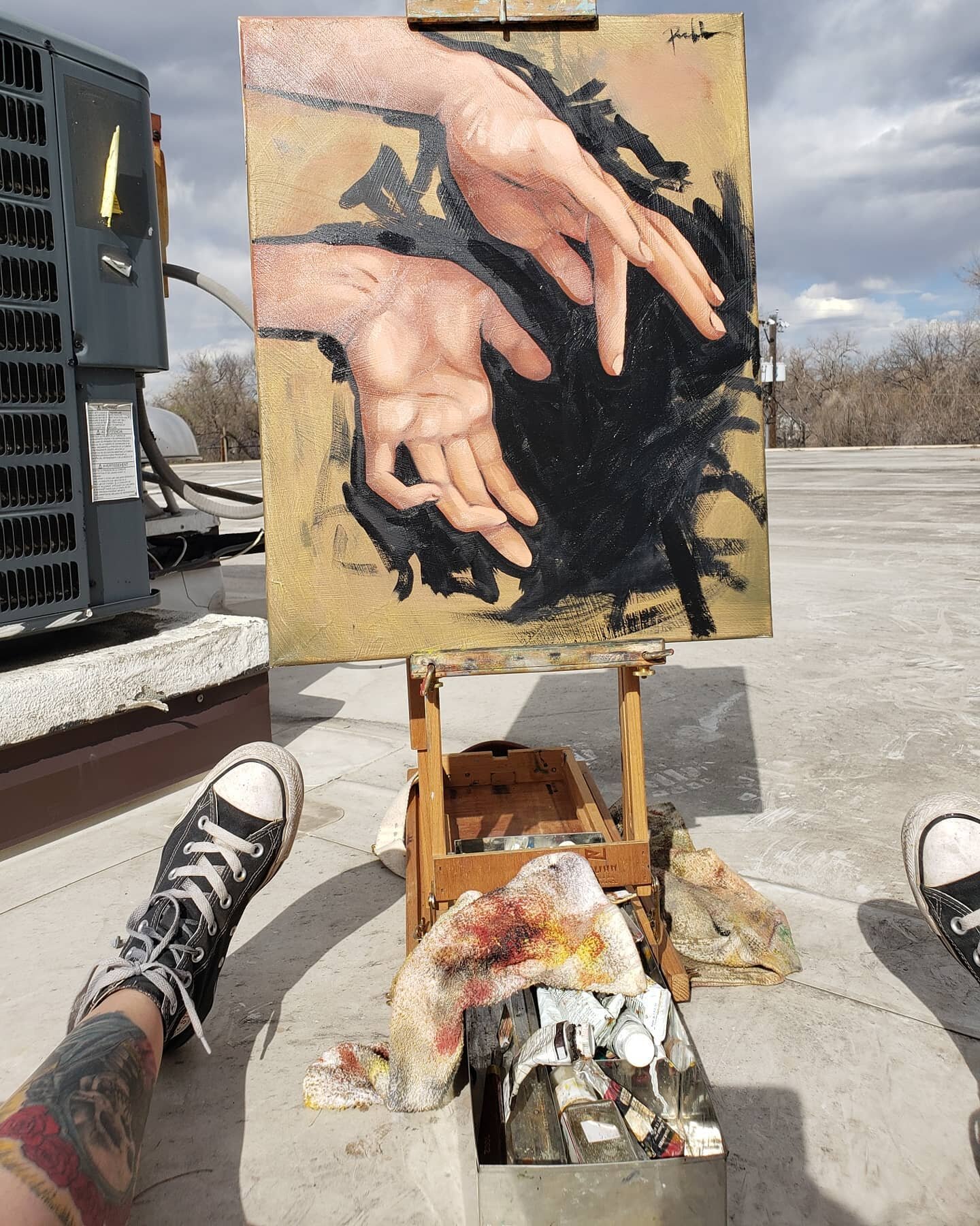 Finished this rooftop piece today. &quot;Phobos and Deimos: The Hands That Feed&quot; 16x20
.
.
.
.
.
.
.
.
.
#jesspreble #fineart #oilpainting #figurativeart #coloradosprings #coloradospringsfirstfriday #coloradoartist