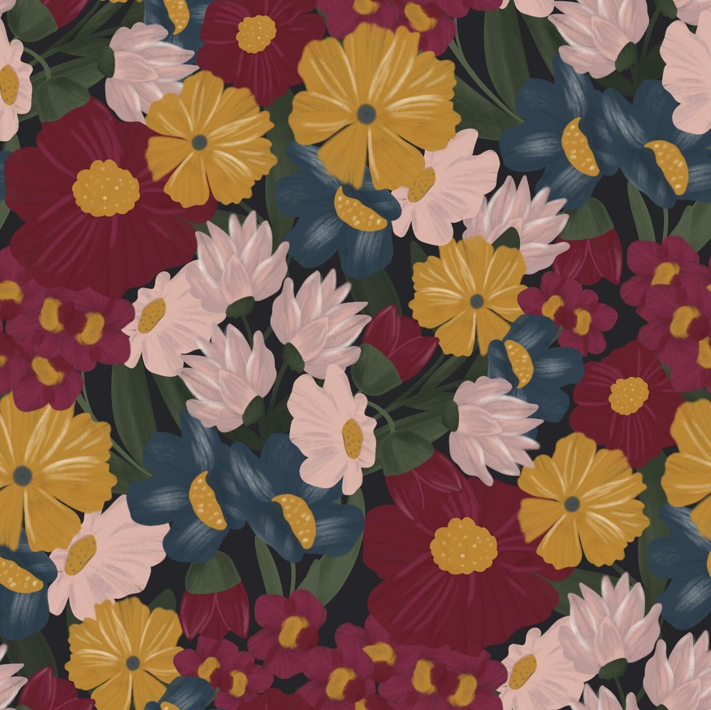 Another @creative_studio_collective brief done! I&rsquo;m surprised I stopped at 3 patterns for this one, flowers are my favorite! Got to try out some new procreate brushes, and this is my first time really working with a darker palette than I&rsquo;