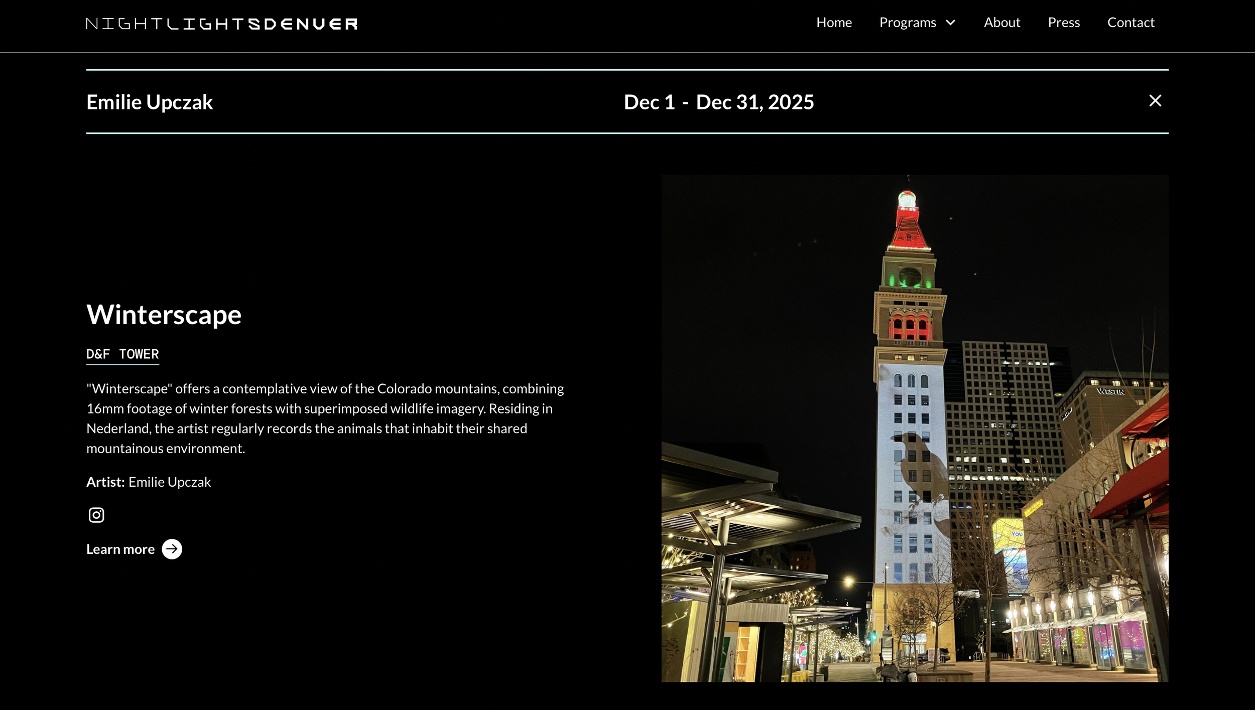  Winterscape  Night Lights Denver is a collection of light and projection-based art installations throughout Downtown Denver.  December 2025  "Winterscape" offers a contemplative view of the Colorado mountains, combining 16mm footage of winter forest