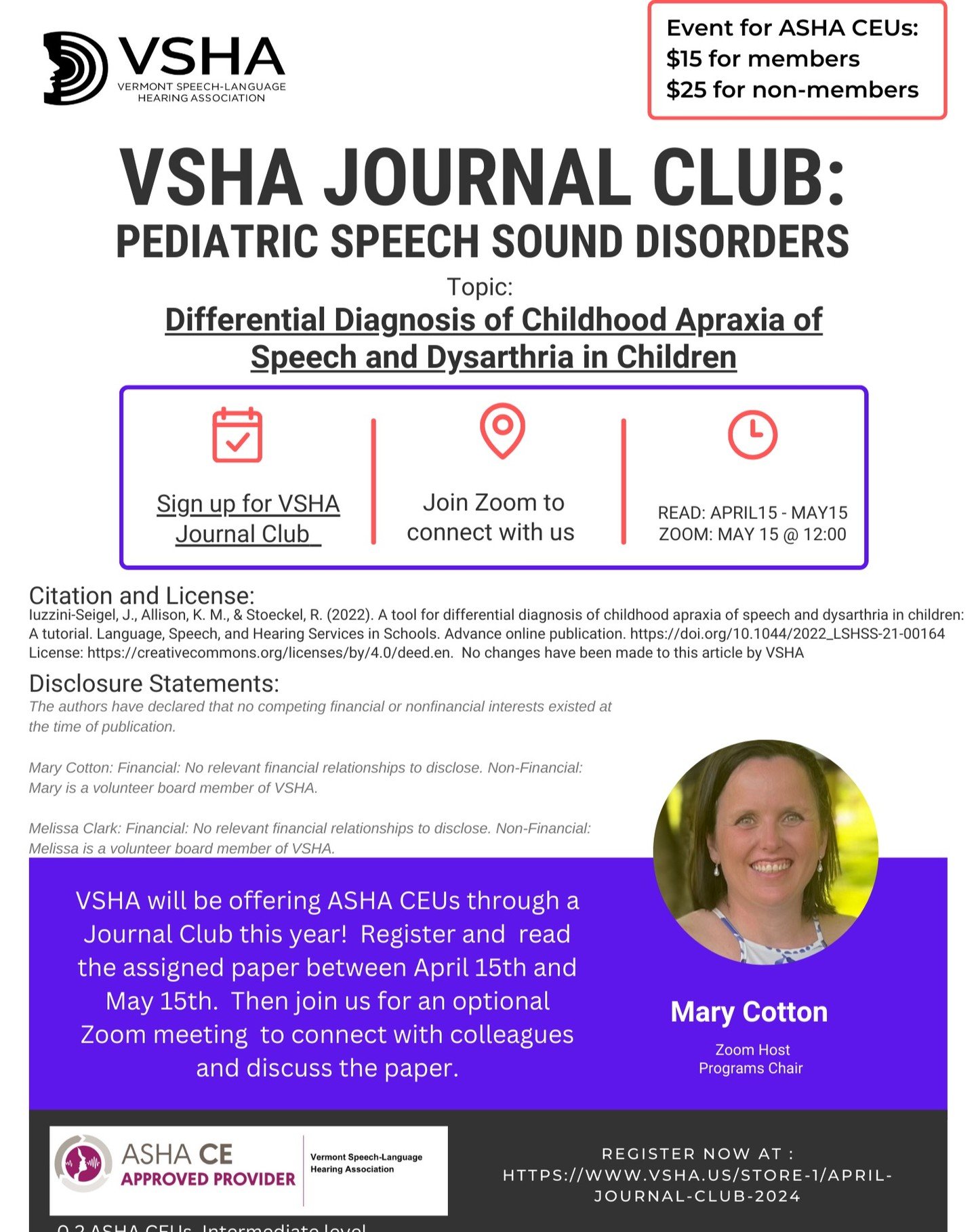 VSHA is hosting our first continuing education event of the year! Sign up for our pediatric speech sound disorders journal club to learn about a new assessment tool. Go to VSHA.us to sign up. The event page link is also in our bio! Please share! #vts