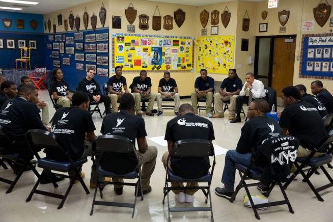 President Obama sits in on a BAM circle during a 2013 visit to Hyde Park Career Academy in Chicago. Photo: Pete Souza, White House