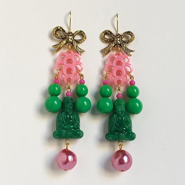 These new earrings are made from colorful components collected over many years spent searching through boxes of treasures in our favorite NYC supply shops. Unfortunately many of these places have since closed as most costume jewelry is now produced o