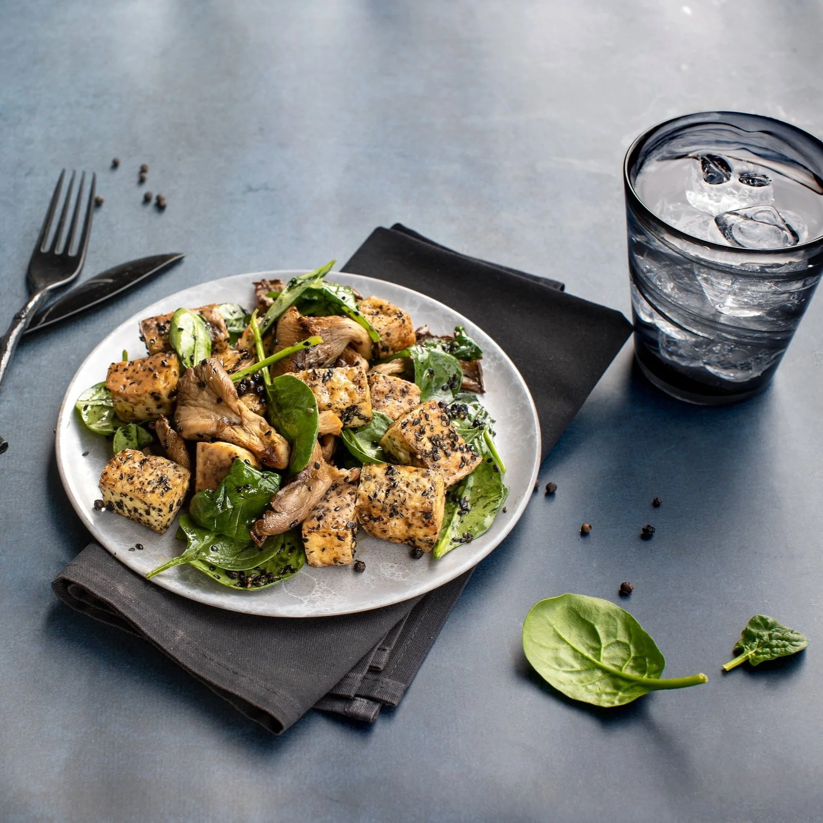 Sesame &amp; Black Pepper Encrusted Tofu with Oyster Mushrooms &amp; Wilted Spinach