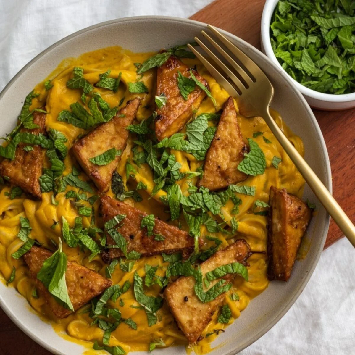 Curried Butternut Squash Noodles with Crispy Tofu