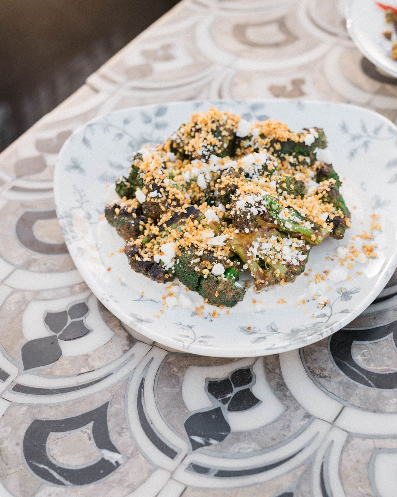 Charred broccoli with garlic yogurt, black garlic vinaigrette, feta #MargotLosAngeles