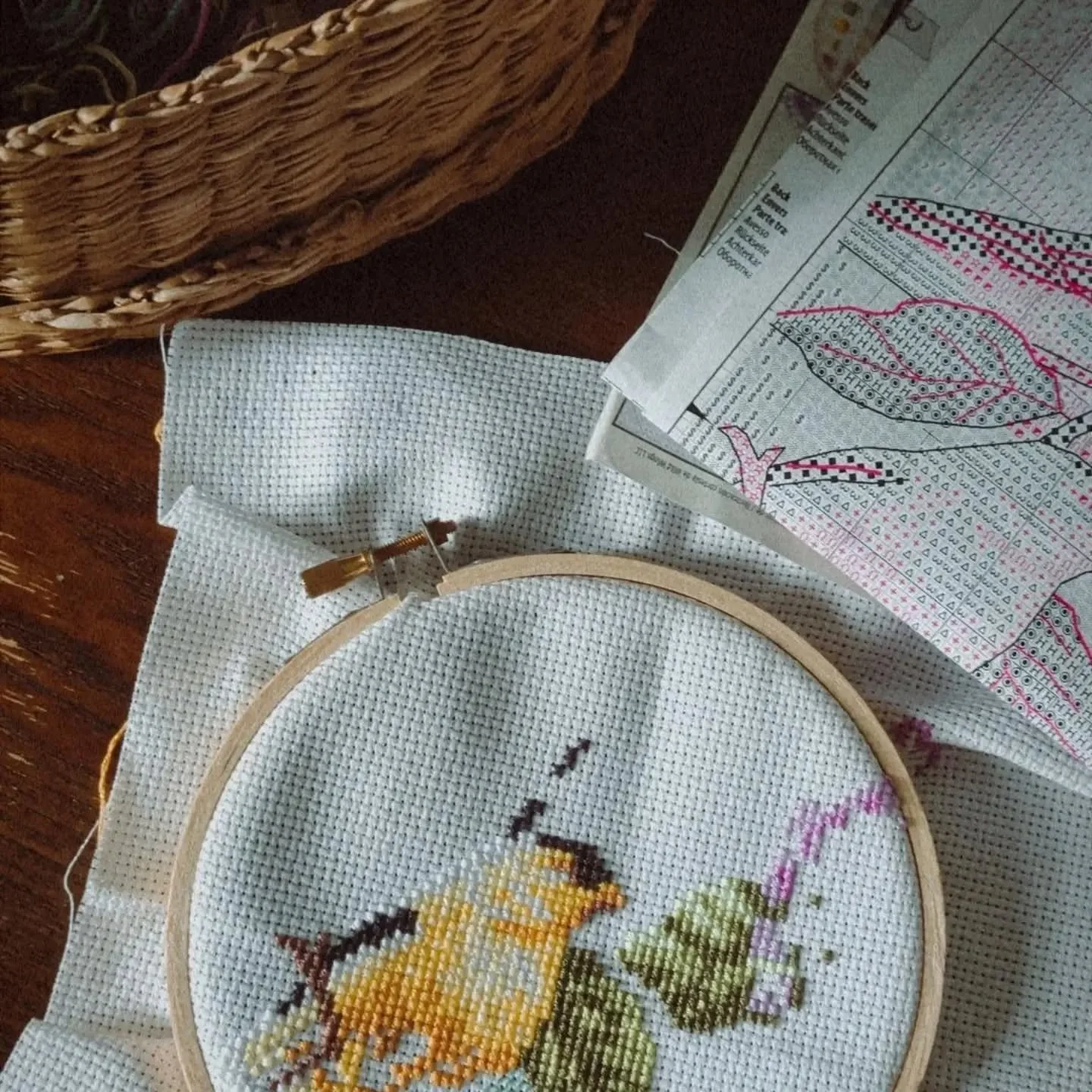 One stitch at a time

Everything about this is so peaceful to me. 

Threading the needle, 
working with different colours, 
the sound &amp; feeling of pulling each thread through the fabric,
&amp; I choose nature images/patterns like this golden finc