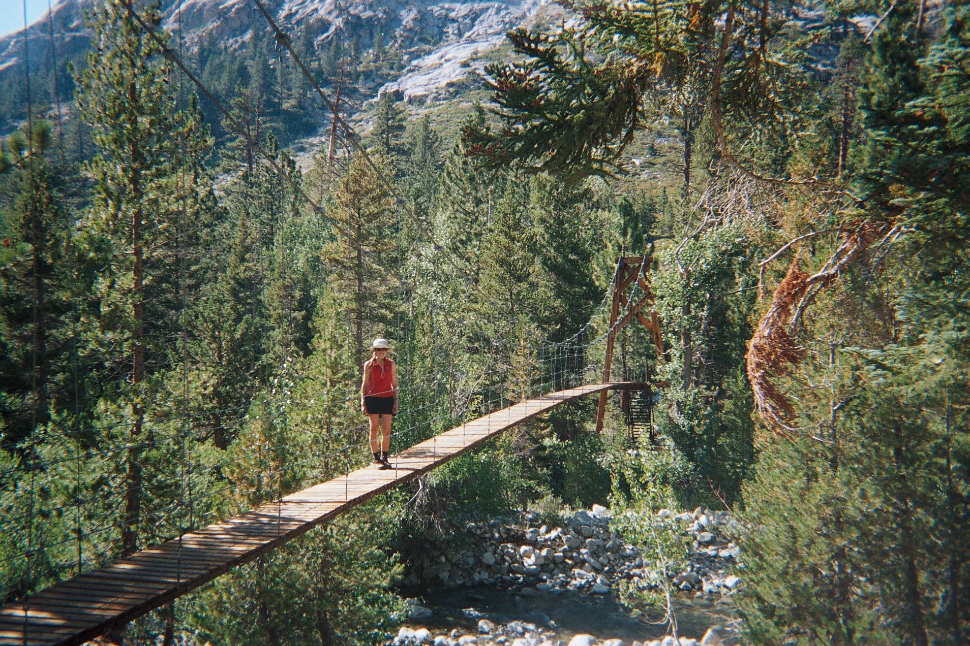 Tanya on the Woods Creek Bridge, John Muir Trail. Photo by Mark Probert.