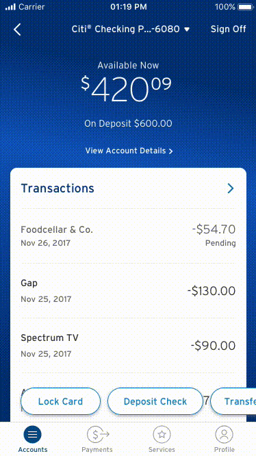   Lock Card   We moved the “lock card” functionality into a quick link action, giving user direct access to locking their card when necessary. The user can then unlock their card in the mini-tile that appears. 