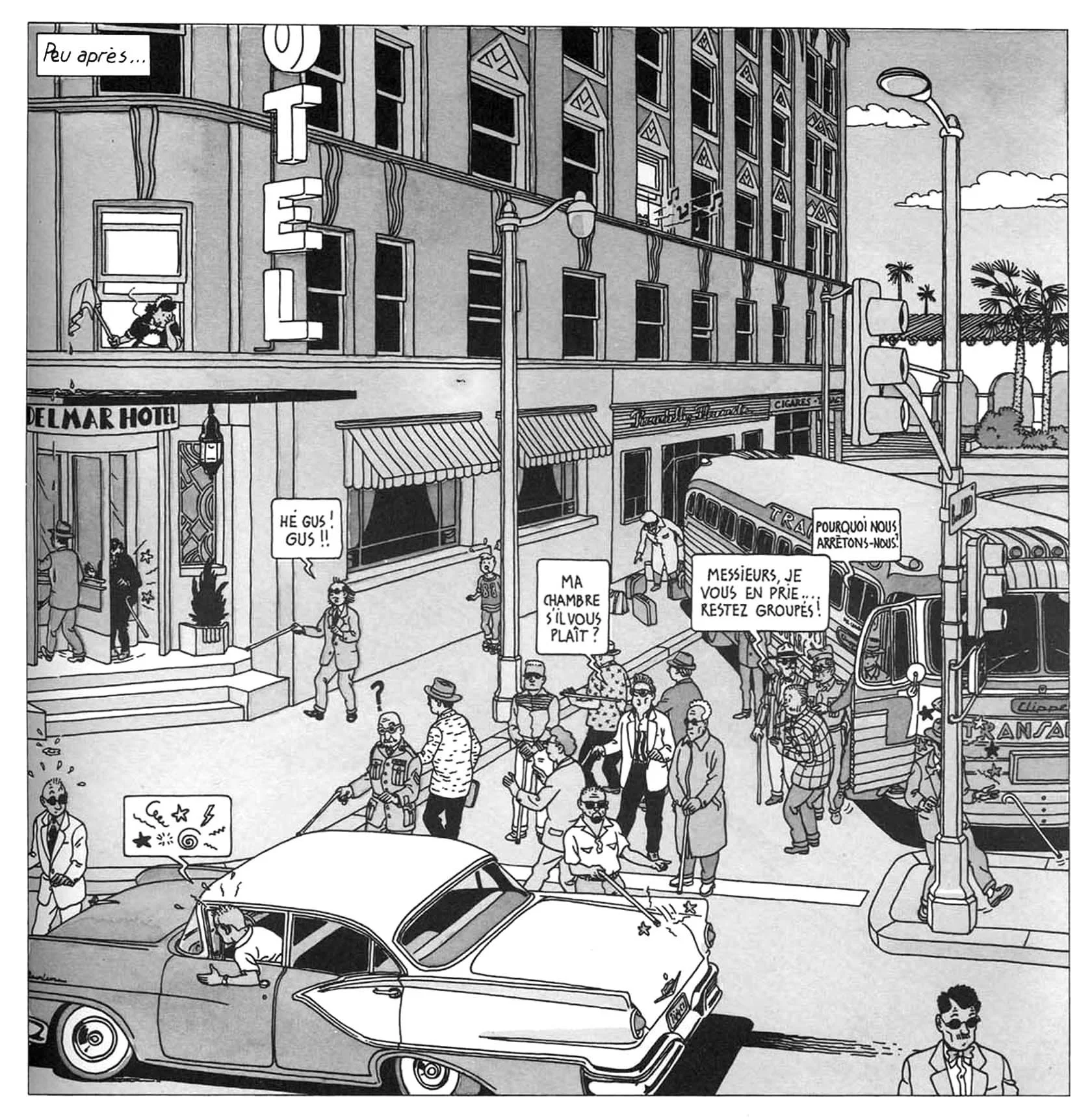 Ray's sunglasses allow him to blend into a convention of the blind in a beautifully-drawn sequence in the worst of taste.
