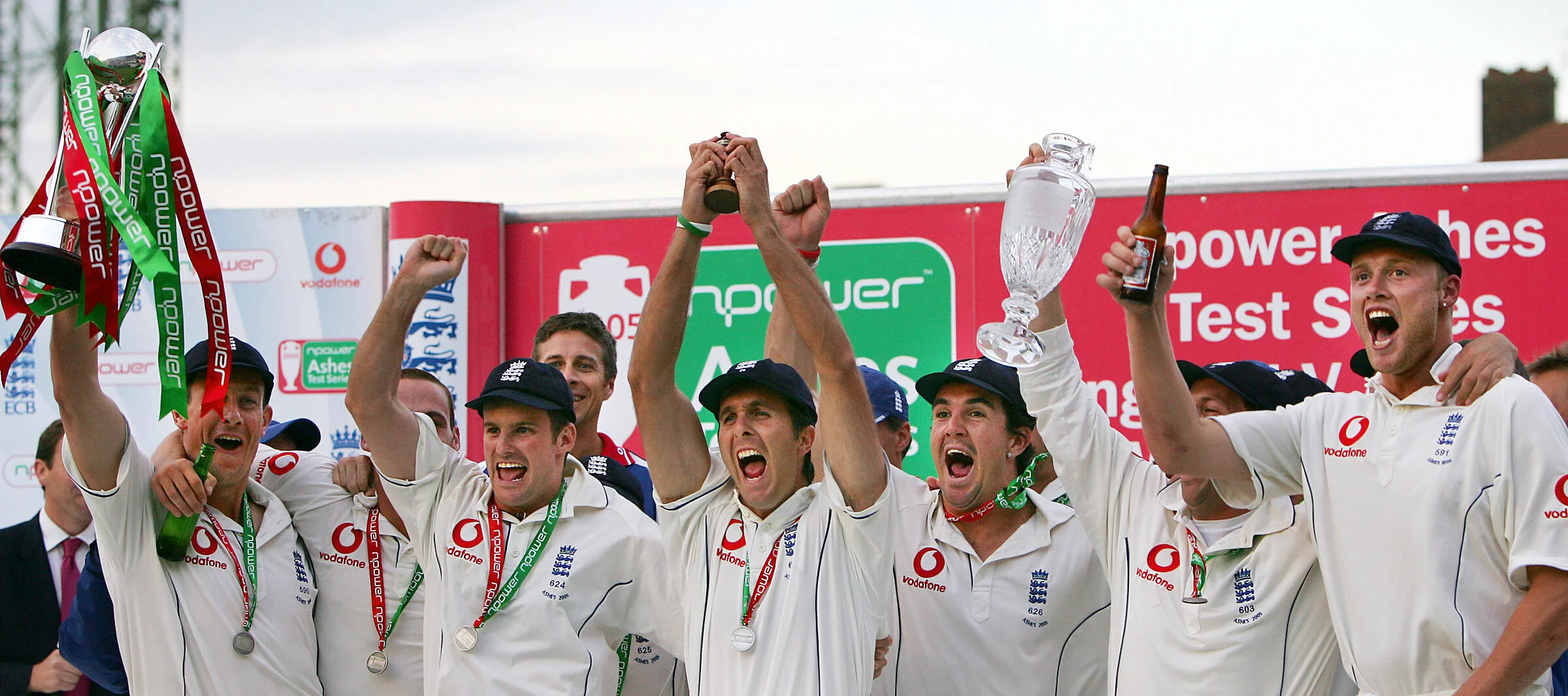 A young leader, Michael Vaughan, celebrates with his team mates after beating one of the best cricket teams to ever play the game in 2005.