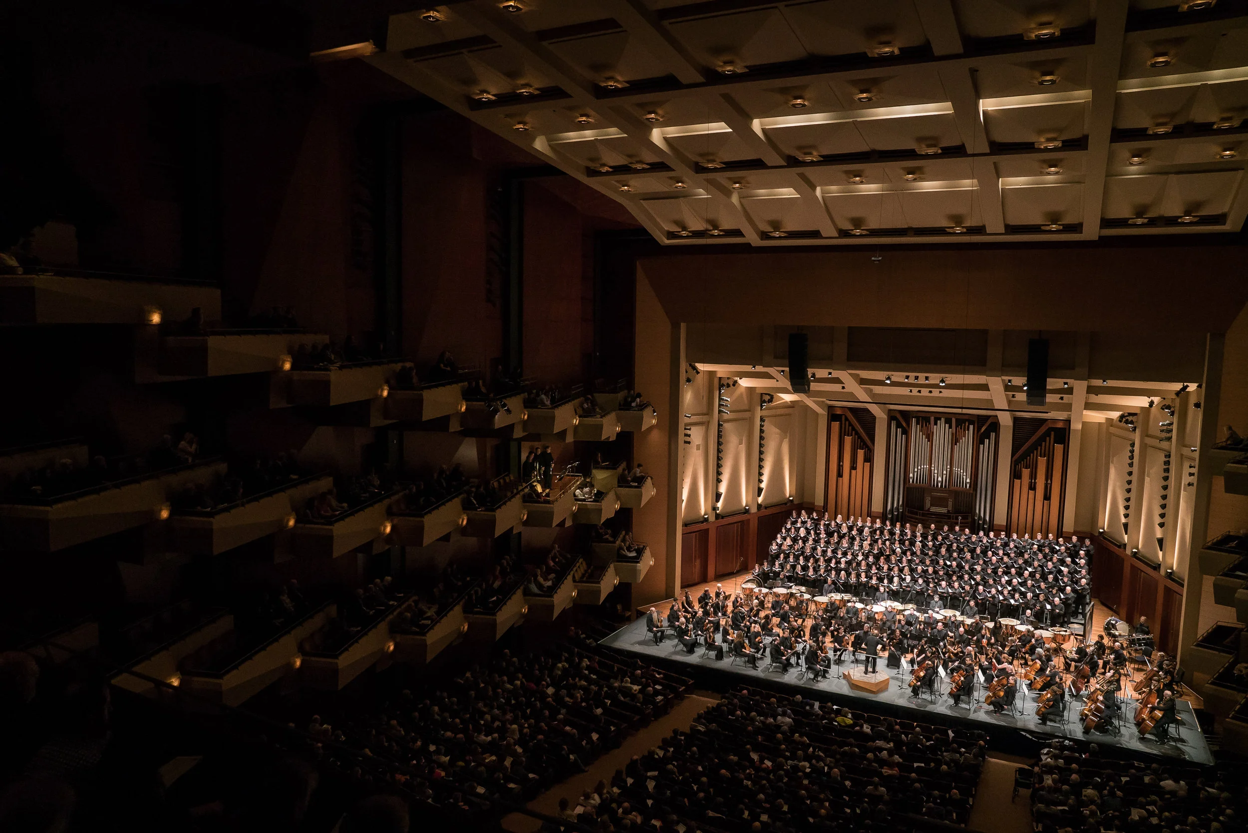 Ludovic Morlot leads the Seattle Symphony in a performance of Berlioz’s Requiem at Benaroya Hall in November 2017. Brass choirs were positioned aloft at each corner of the hall to generate the directional "surround-sound" that Berlioz intended. Photo by Brandon Patoc.
