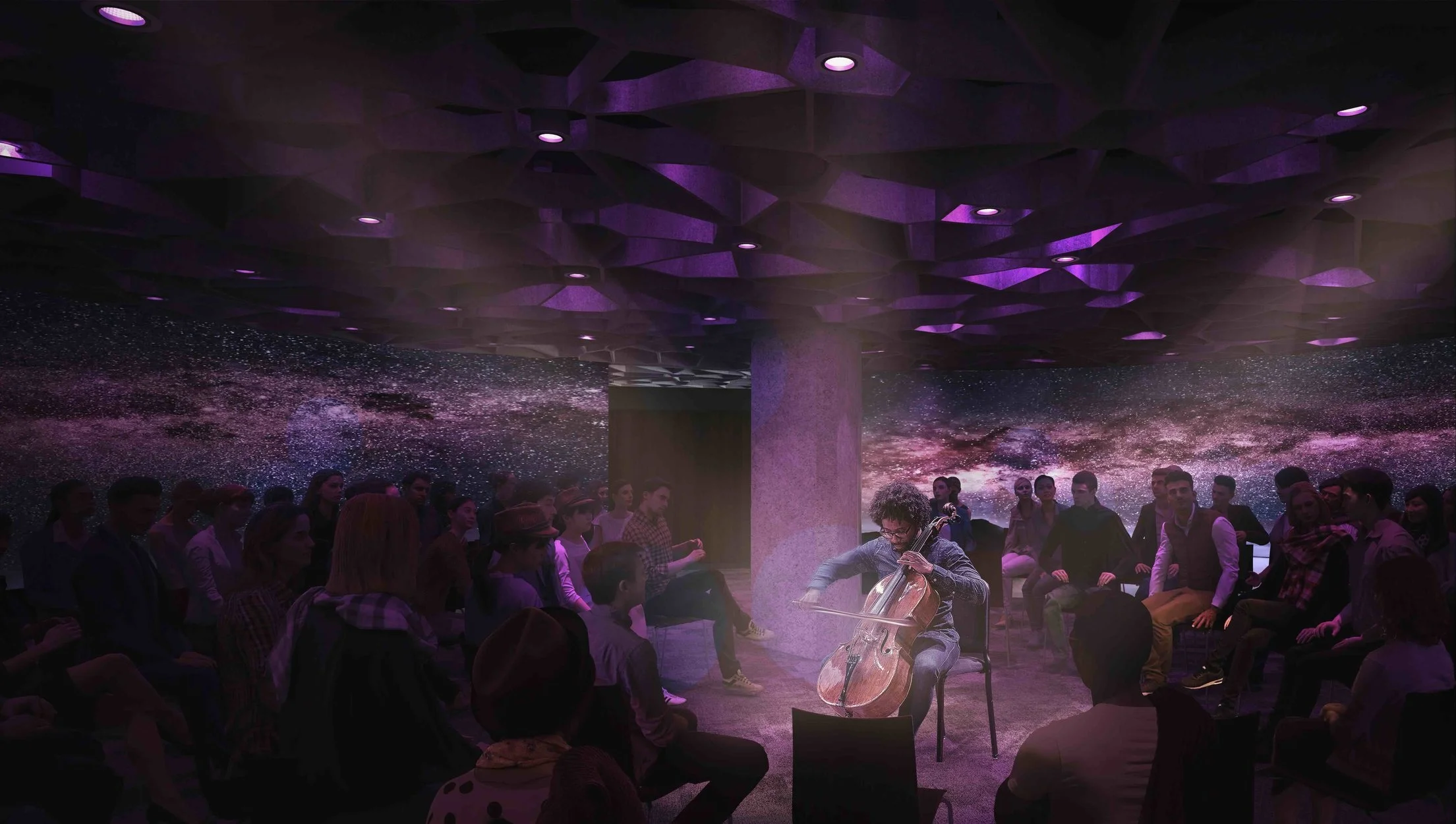 Renderings provided by LMN Architects featuring Octave 9’s first Artist in Residence, cellist Seth Parker Woods.