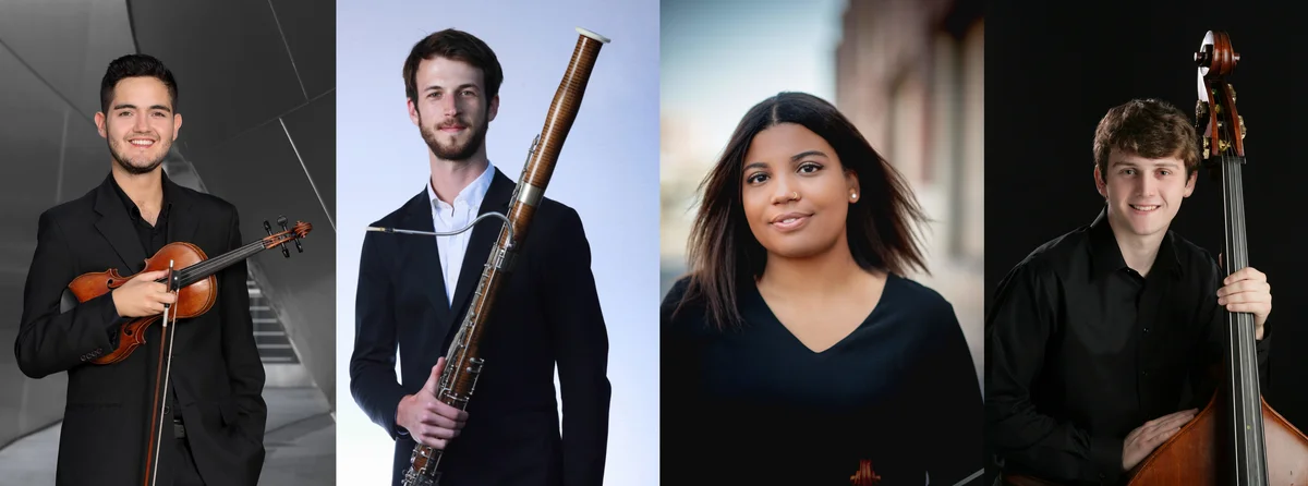 From L to R with name, position and photo credit: Eduardo Rios, First Assistant Concertmaster (Craig Matthews); Luke Fieweger, Associate Principal Bassoon (Phil Channing); Sydney Adedamola, section Second Violin for the 2019–2020 season (Ben Gibbs); Will Langlie-Miletich, section Bass (Yuen Lui Studios)