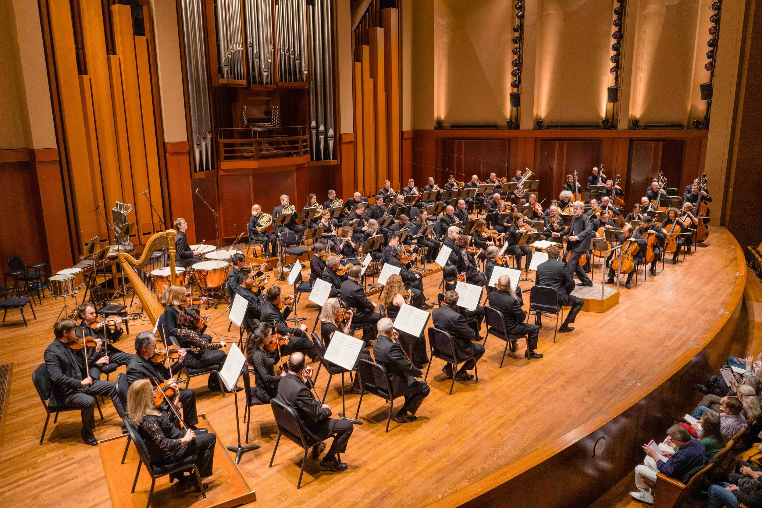 Thomas Dausgaard and the Seattle Symphony bring Strauss’ An Alpine Symphony to audiences at Benaroya Hall in June 2017. The ensemble bolstered extra woodwinds and horns, two tubas, and exotic percussion such as a wind machine and thunder sheet. Photo by Brandon Patoc.