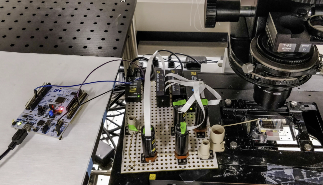 Pumping system controlled by a microcontroller connected to the microfluidic chip is shown.