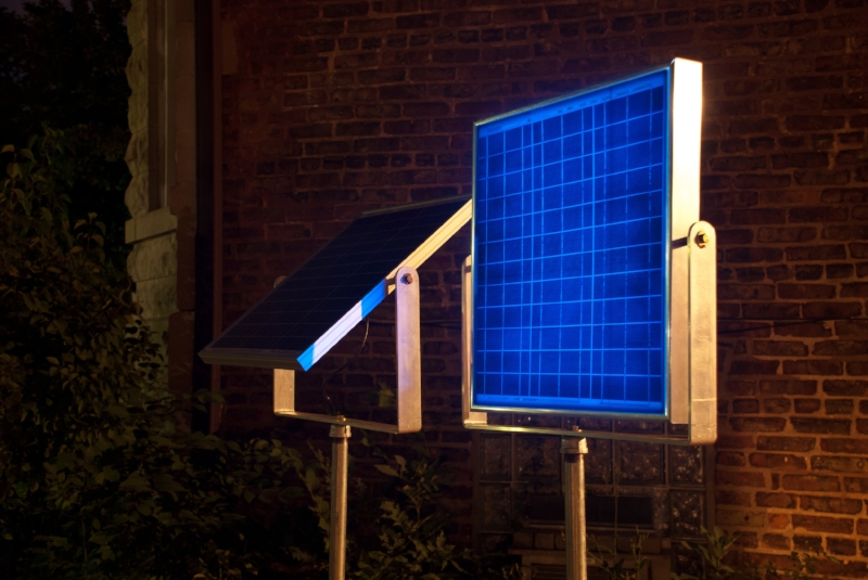   Night See.  Solar panel stores light to power replica that lights at dusk. Each is 36” x 72” . Terrain Biennial. Terrain Projects, Oak Park, IL. 2013 