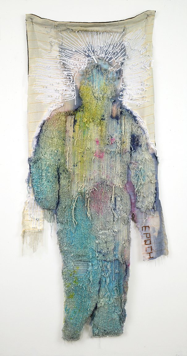   Hazmat Suit 2032.  Cotton, polyester, acrylic paint. 28” x 72”. 2019 