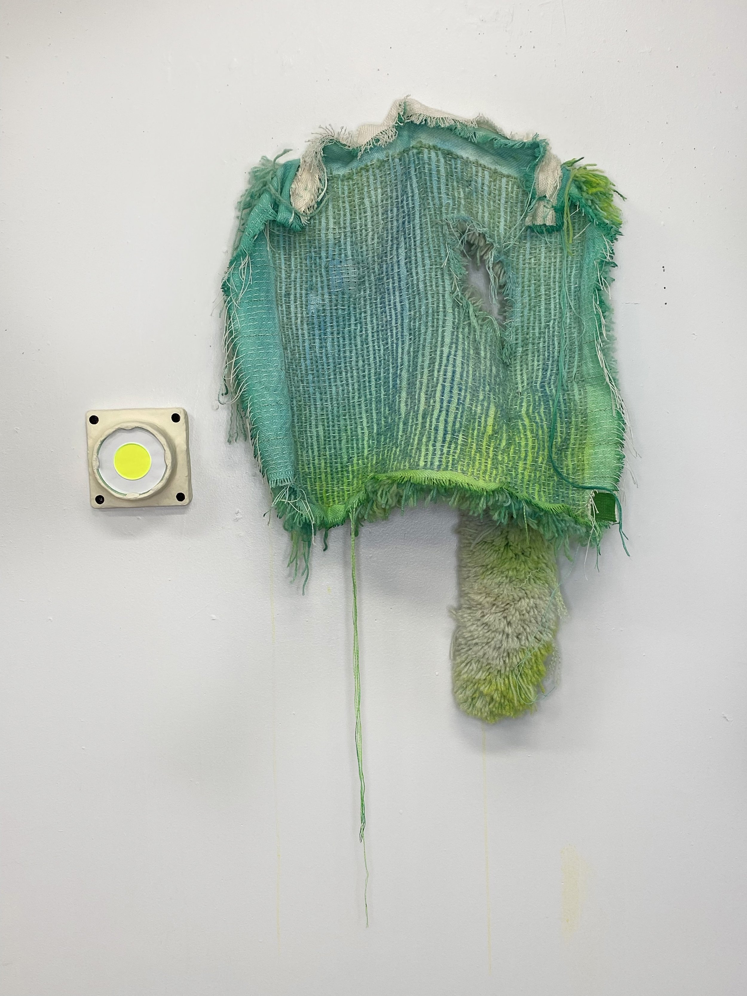   Greensleeve with Box : wool, polyester, acid dye. 19” x 34”. 2022  Box : wood, paper, epoxy putty, vinyl paint, plexiglass. 5” x 5” x 4”. 2022 
