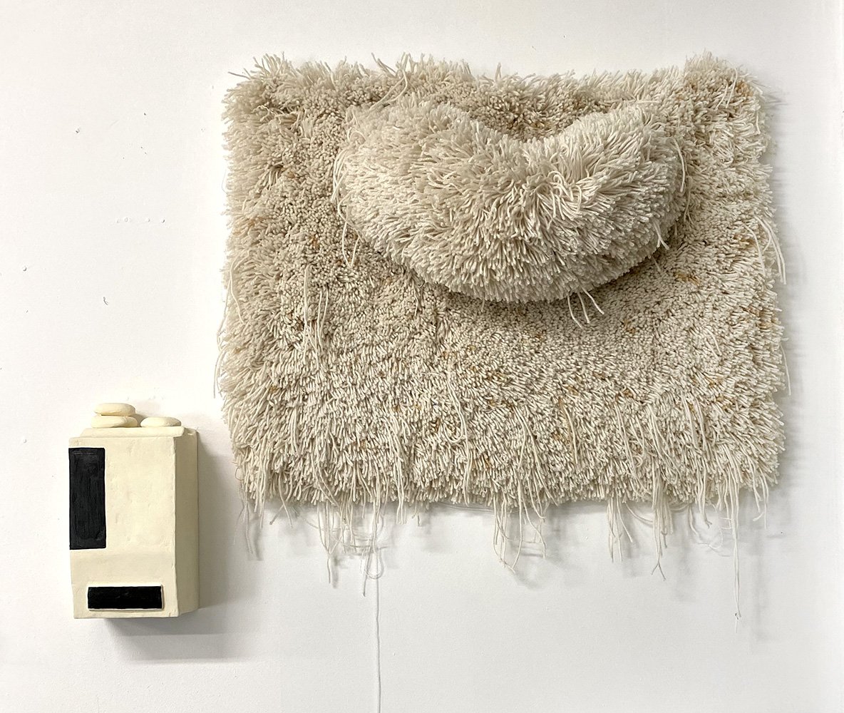   Travel Pillow with Box : wool, polyester, epoxy putty, vinyl paint, wood, foam. 20” x 25” x 6”. 2022  Box : wood, epoxy putty, vinyl and acrylic paint, styrofoam. 5” x 9” x 4”. 2022 