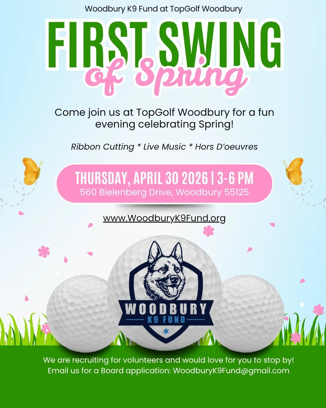 Come meet the K9 Fund Board at Topgolf in Woodbury for the "First Swing of Spring" on April 30th! ⛳We are looking for more volunteers and Board members. Email us for a Board application: woodburyk9fund@gmail.com
More information: https://ww
