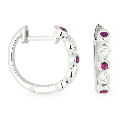 14k small hoops with rubies and diamonds