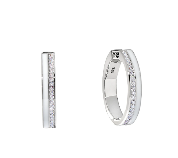 White Enamel &amp; Simulated Diamond Hoop Earrings