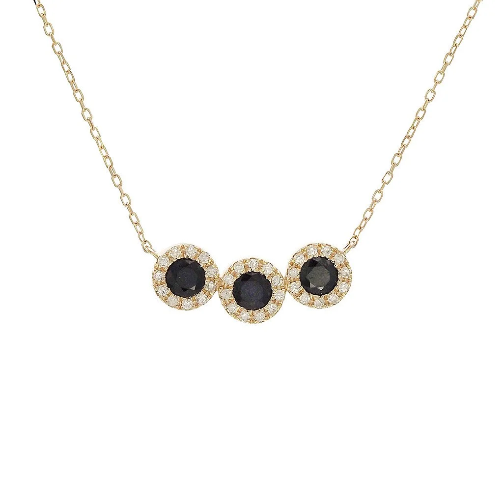 14k Yellow Gold Sapphires with Diamond Halo Necklace