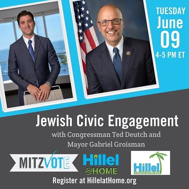 Join us TOMORROW at 4PM for a virtual bipartisan #MitzVote town hall with @repteddeutch and @gabegroisman! Register now at HillelatHome.org