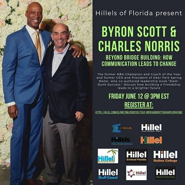 The Hillels of Florida present ✨ Beyond Bridge Building: How Communication leads to change✨ Join us THIS FRIDAY at 3PM EST as we hear @officialbyronscott and Charles Norris discuss how building a friendship leads to a brighter future! Register now at