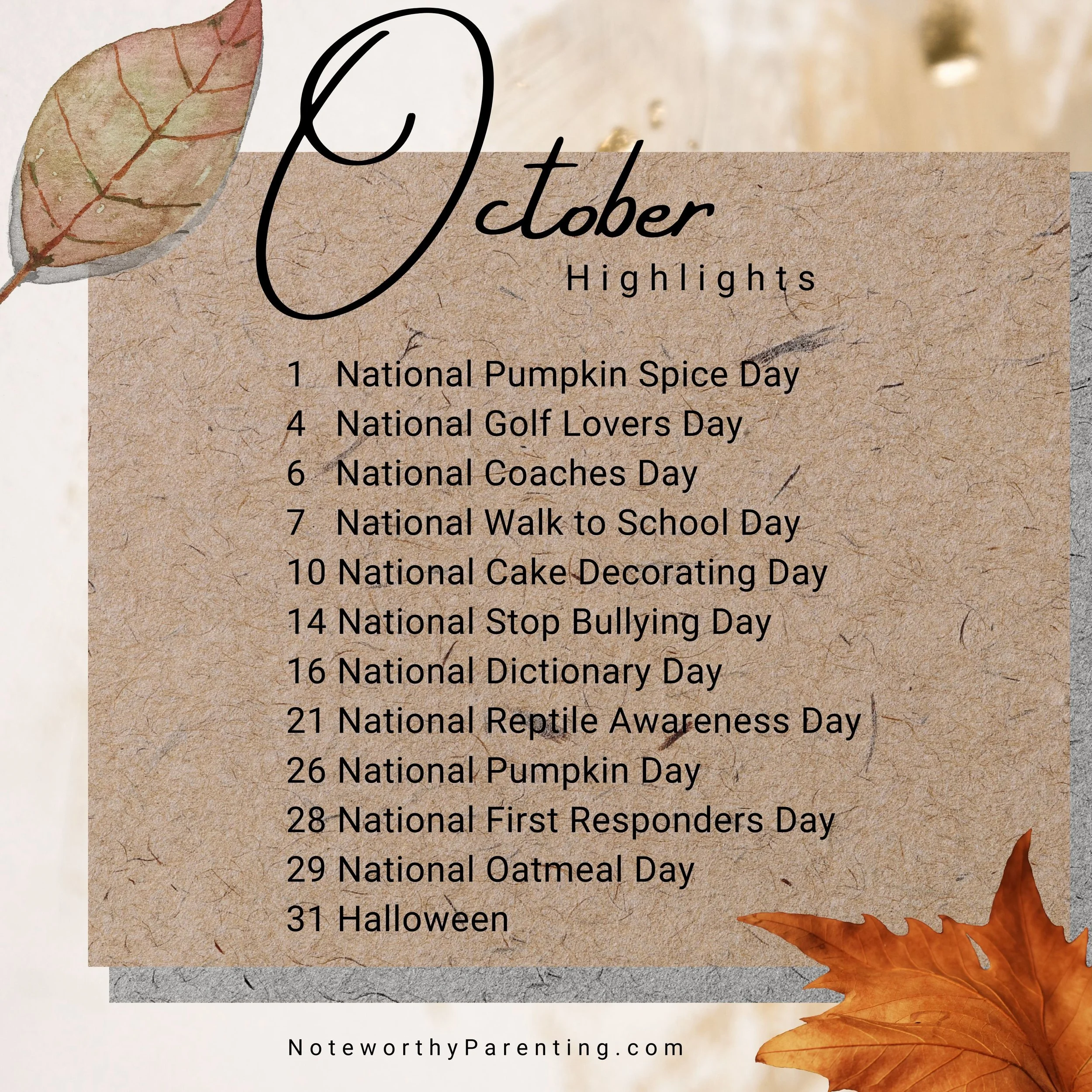 🍂 October Highlights are here!! Which days will you celebrate with your kids?

Scroll to get ideas on how to use these days to start conversations, learn new things or just have fun as a family!!

Share with other parents you know!

#noteworthyparen