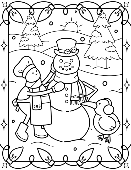 A coloring page of Chef and Crispin building a snowman.