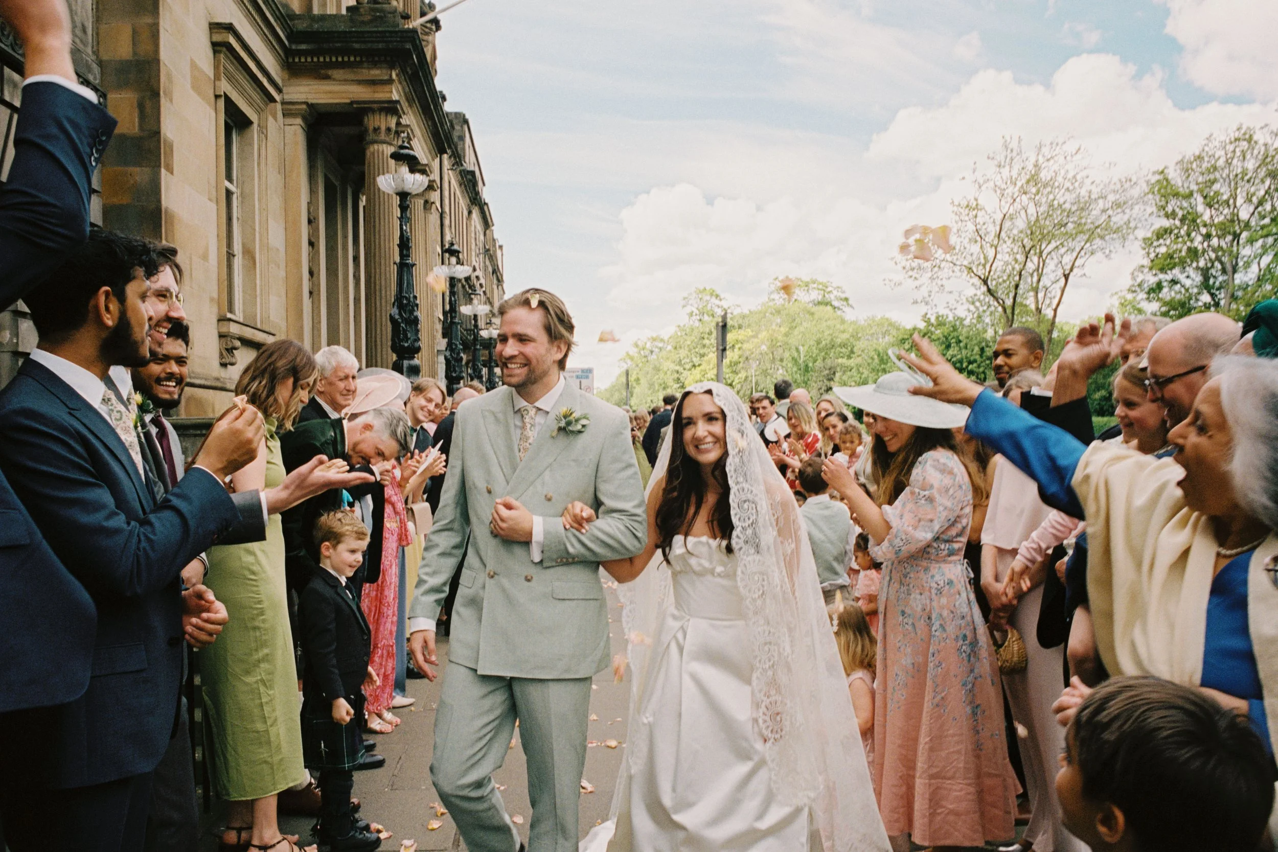 35mm film photo of wedding confetti photographed at the Royal college of Physicians in Edinburgh city.