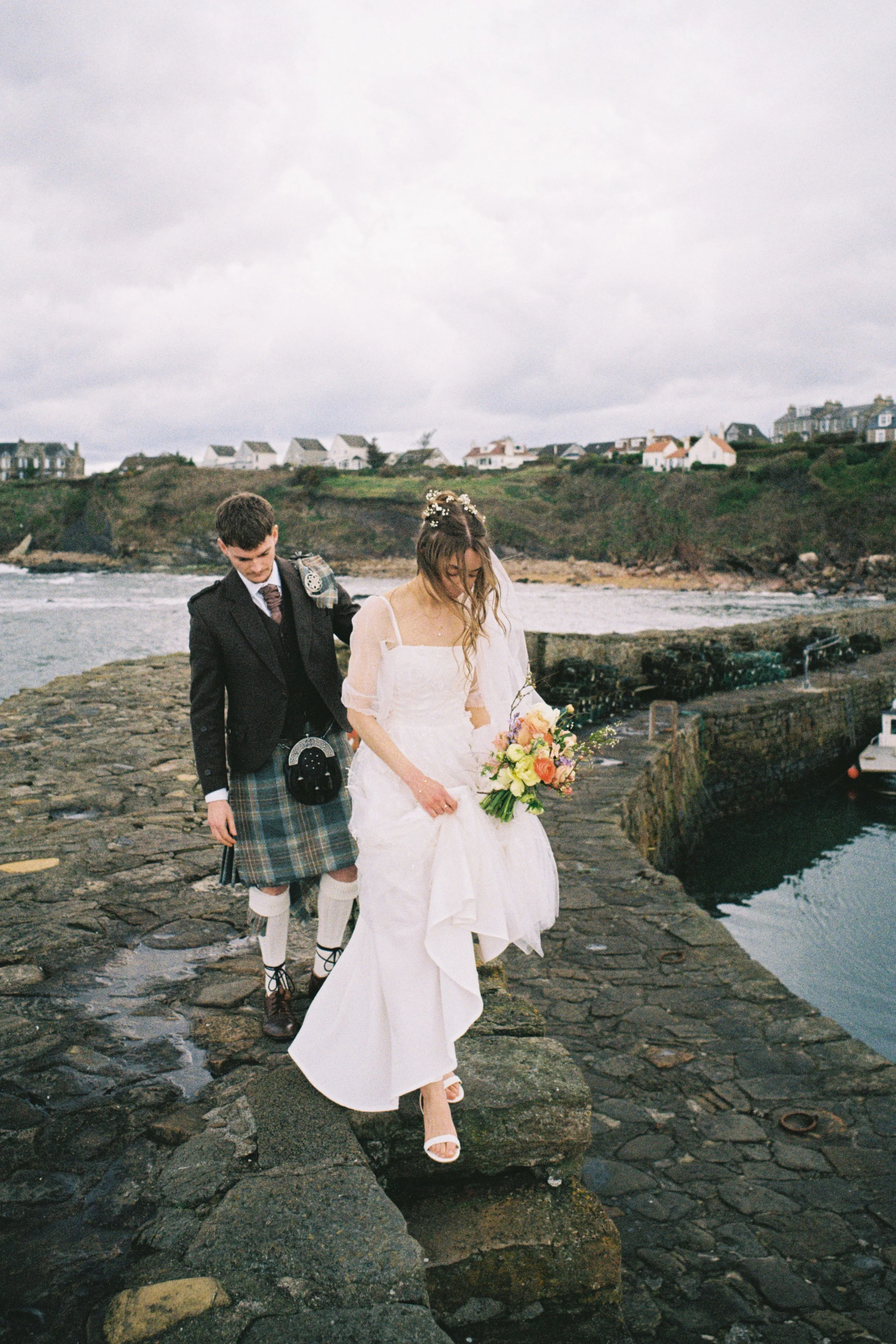 wedding Couple photos shot on film at Crail Harbour