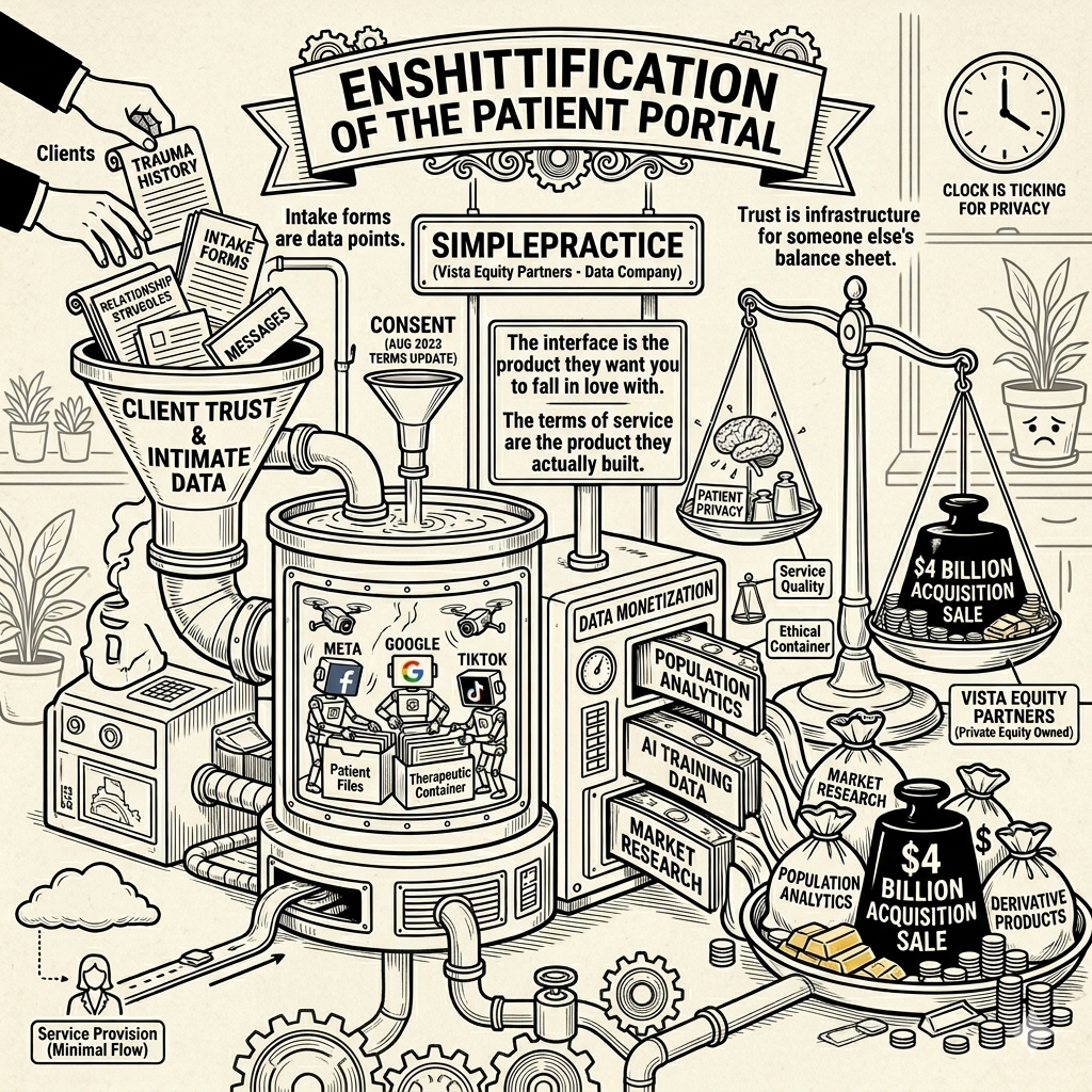 Enshitification hits the patient portal: SimplePractice, tracking pixels, $4 billion dollars.