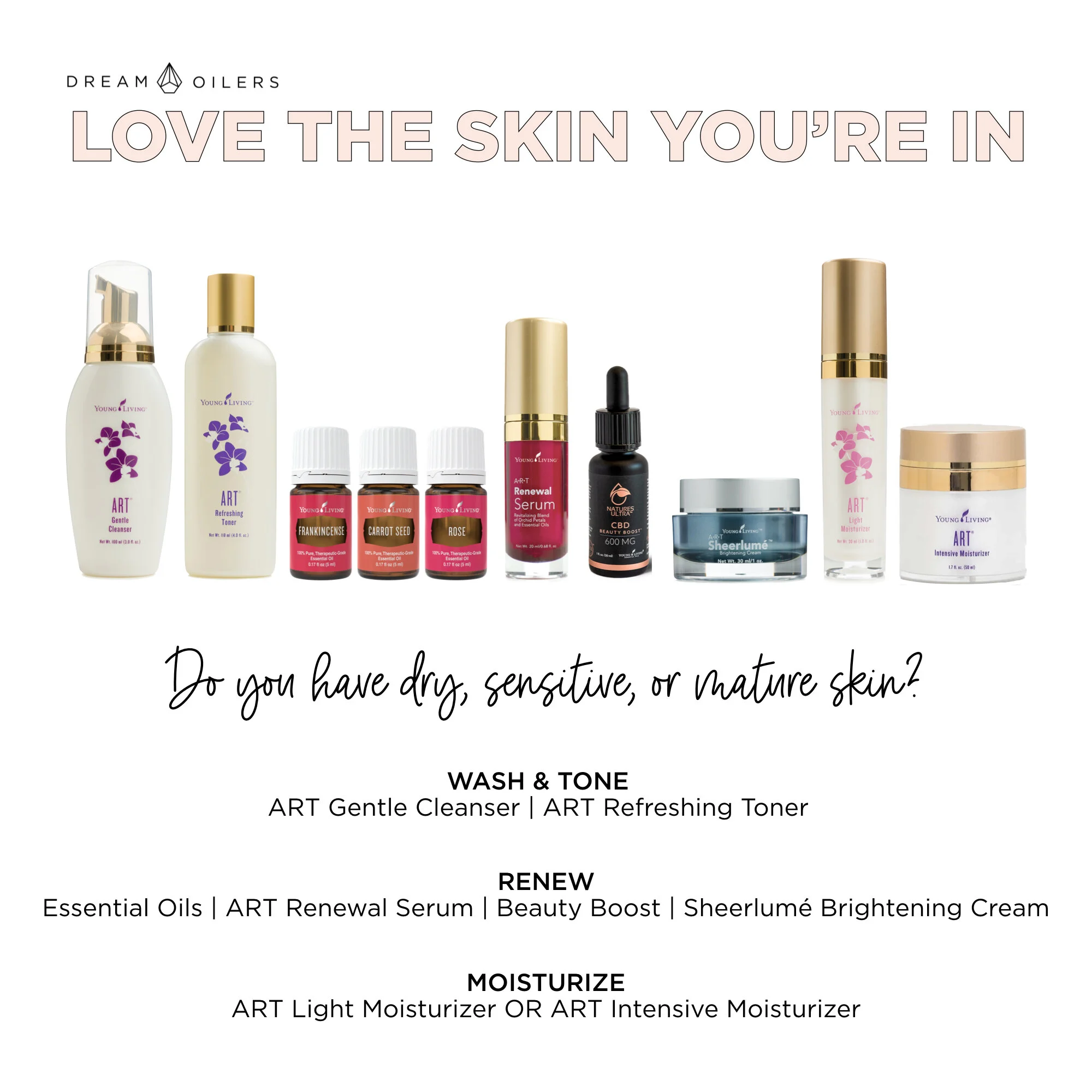 If you have dry, sensitive, and/or mature skin, these will be your go to skincare products! These are also great if you have combination skin.For the essential oils, you can use them all or choose just one or two. You may also want to add Royal Hawaiian Sandalwood and Myrrh to your essential oil lineup too!If you have dry skin on your knees, elbows, or other areas, the Seedlings Lotion is AMAZING!Also, check out the Boho Botox protocol above, which is great for ALL skin types.