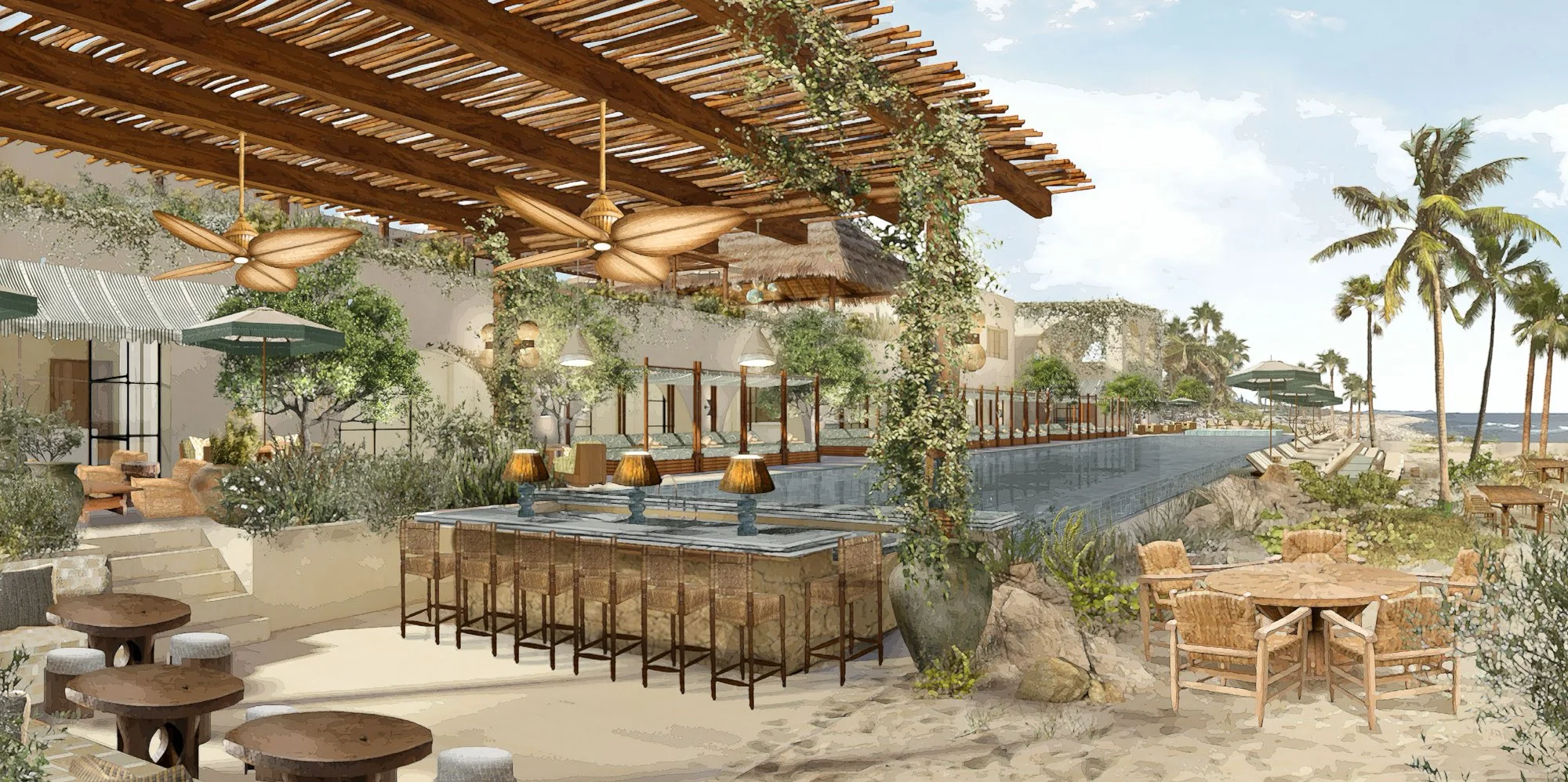 Soho Residences Los Cabos amenities with pool bar and beachfront setting at Cabo del Sol