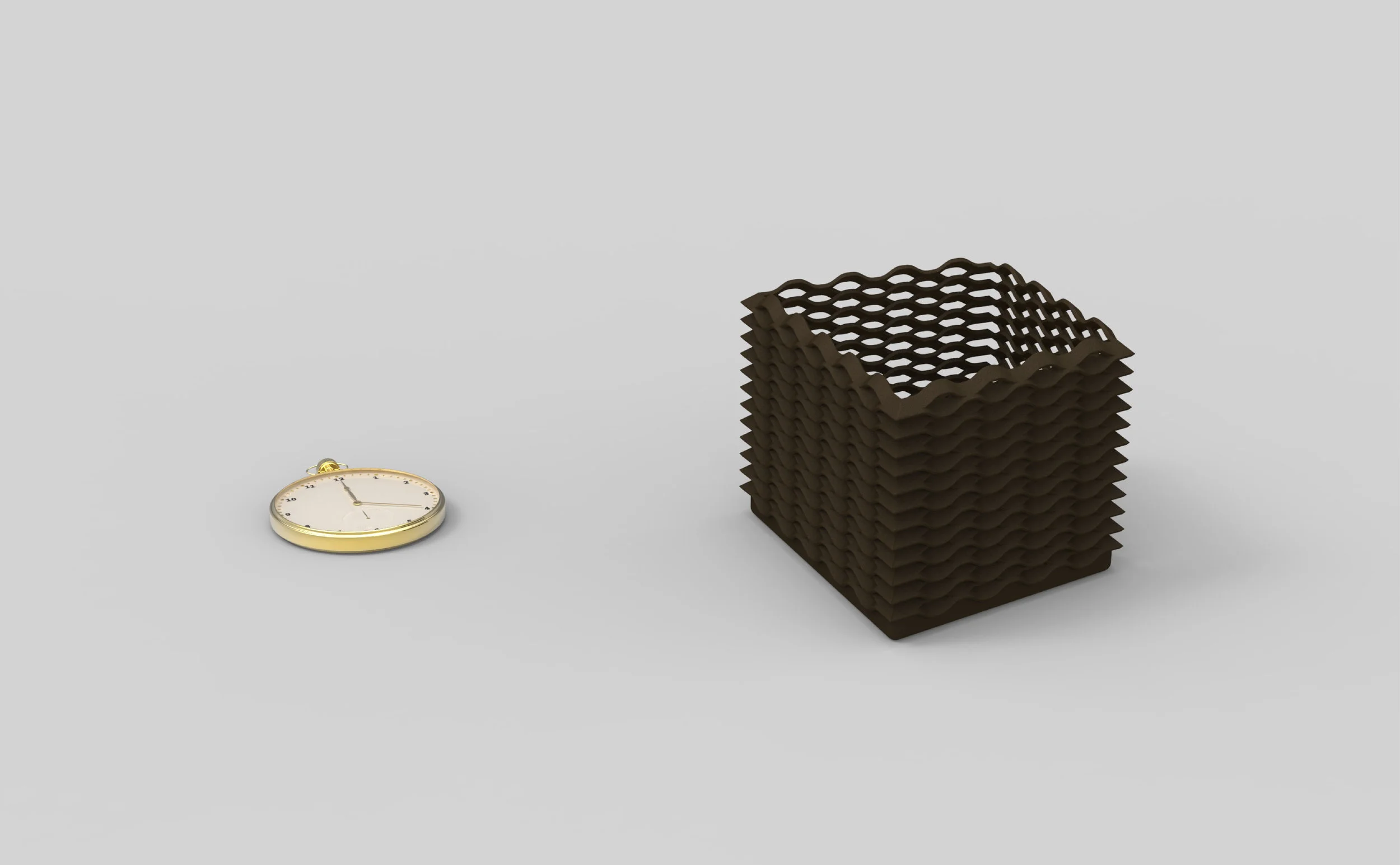 2017 New Museum with OTHR To celebrate its 40th anniversary, New Museum approached OTHR to design and produce a special limited edition product to sell in their store. The Facade Box was inspired by the museum’s exterior of expanded metal and use of simple geometric shapes. The semi-transparent nature of the facade pattern creates a shadow-sprinkled area to store precious heirlooms. Crafted in 3D-printed blackened steel. I developed and modeled the final design.