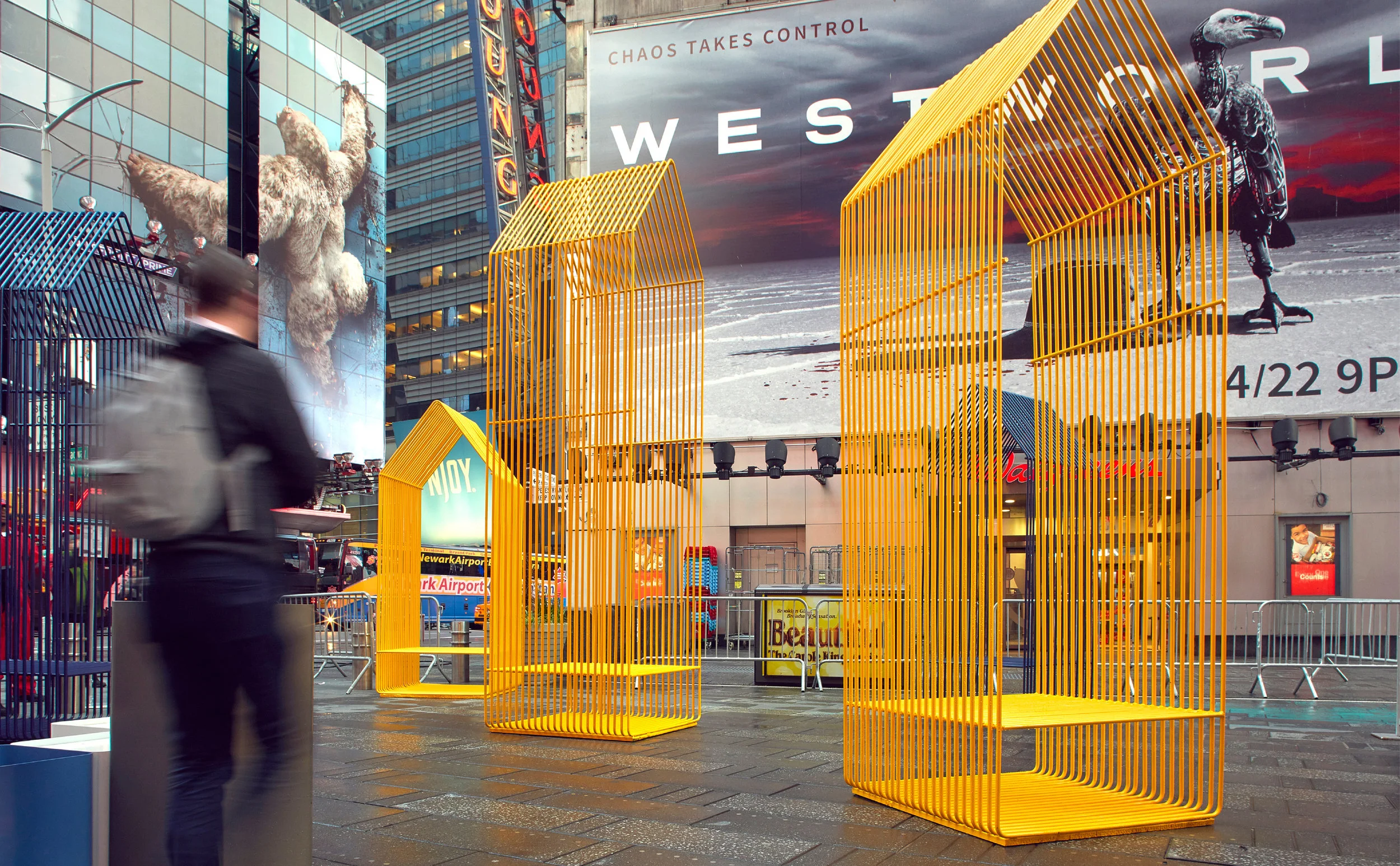 2018 Times Square Alliance with JDXP Times Square Alliance opened its doors for outdoor furniture submissions from a handful of designers. The JDXP team developed five designs to present to the Times Square team. Both sides found the “village” concept to be the most appropriate for the site, where 300,000 people visit everyday. A design with verticality in mind would require special attention to structural integrity. I developed two of the five concepts used in the final pitch to Times Square. I was also in charge of locating and working with a fabricator to create five pieces on a shoestring budget and on a tight deadline.