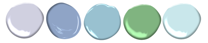 Paint colours (all Benjamin Moore): Lavender Mist, Pressed Violet, Daydream, Cedar Green, Crystal Springs