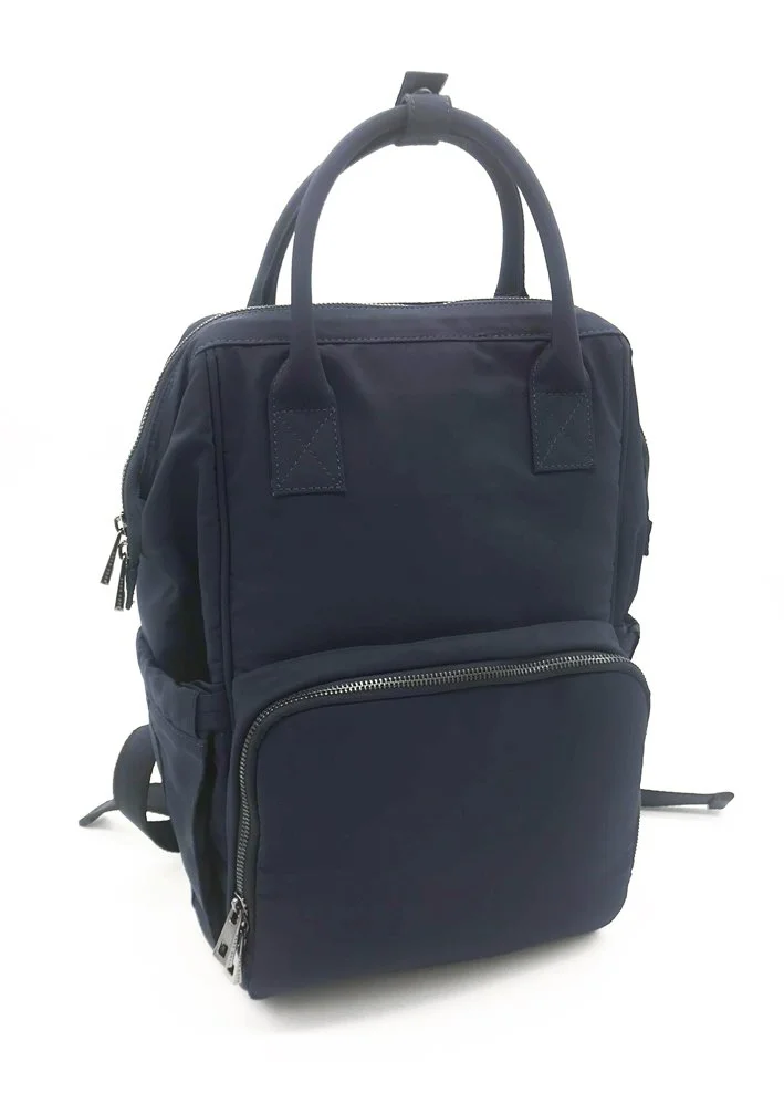  Two ways carry nursery backpack with organized pockets.  Made with Nylon and full printed lining 