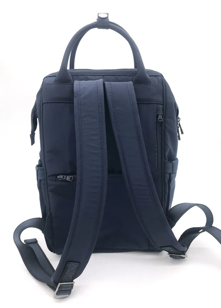  Two ways carry nursery backpack with organized pockets.  Made with Nylon and full printed lining 