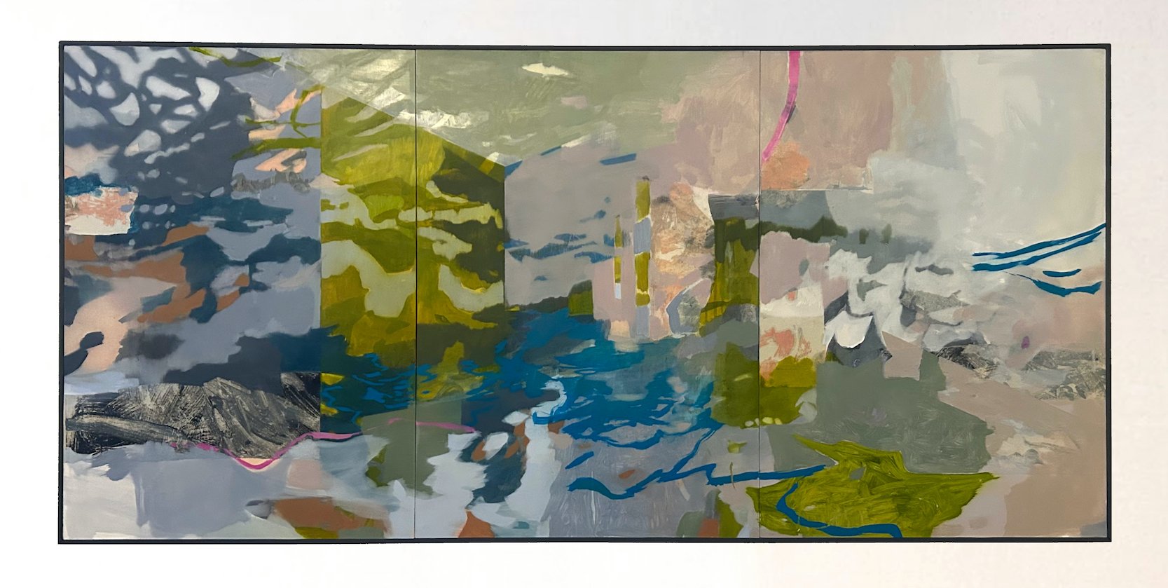 Somewhere Between Land and Water, oil and collage on wood panel with artist frame, 178x84cm
