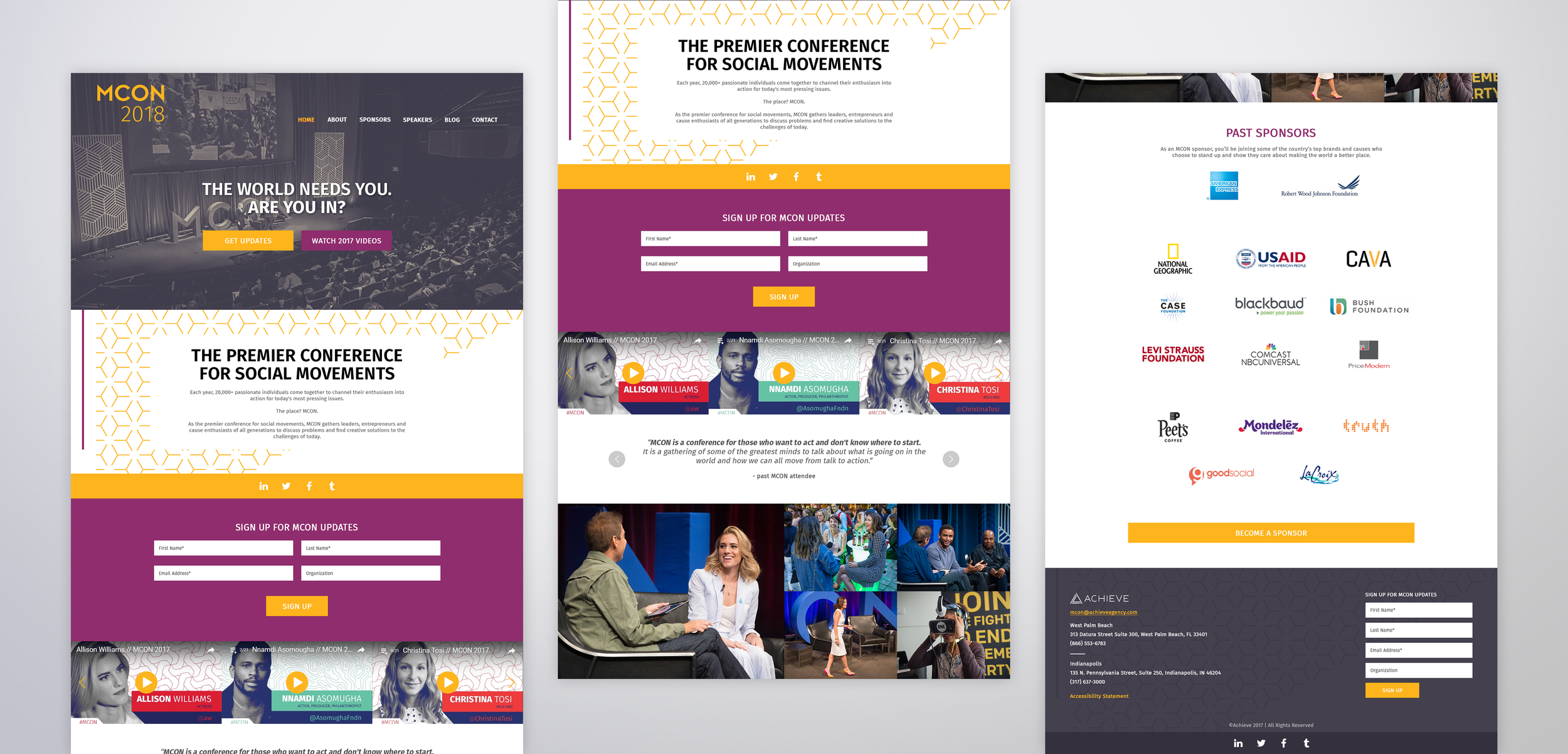 Screenshots of a conference website and promotional materials for MCON 2018, focusing on social movements, with event details, speaker videos, sponsor logos, and sign-up forms.