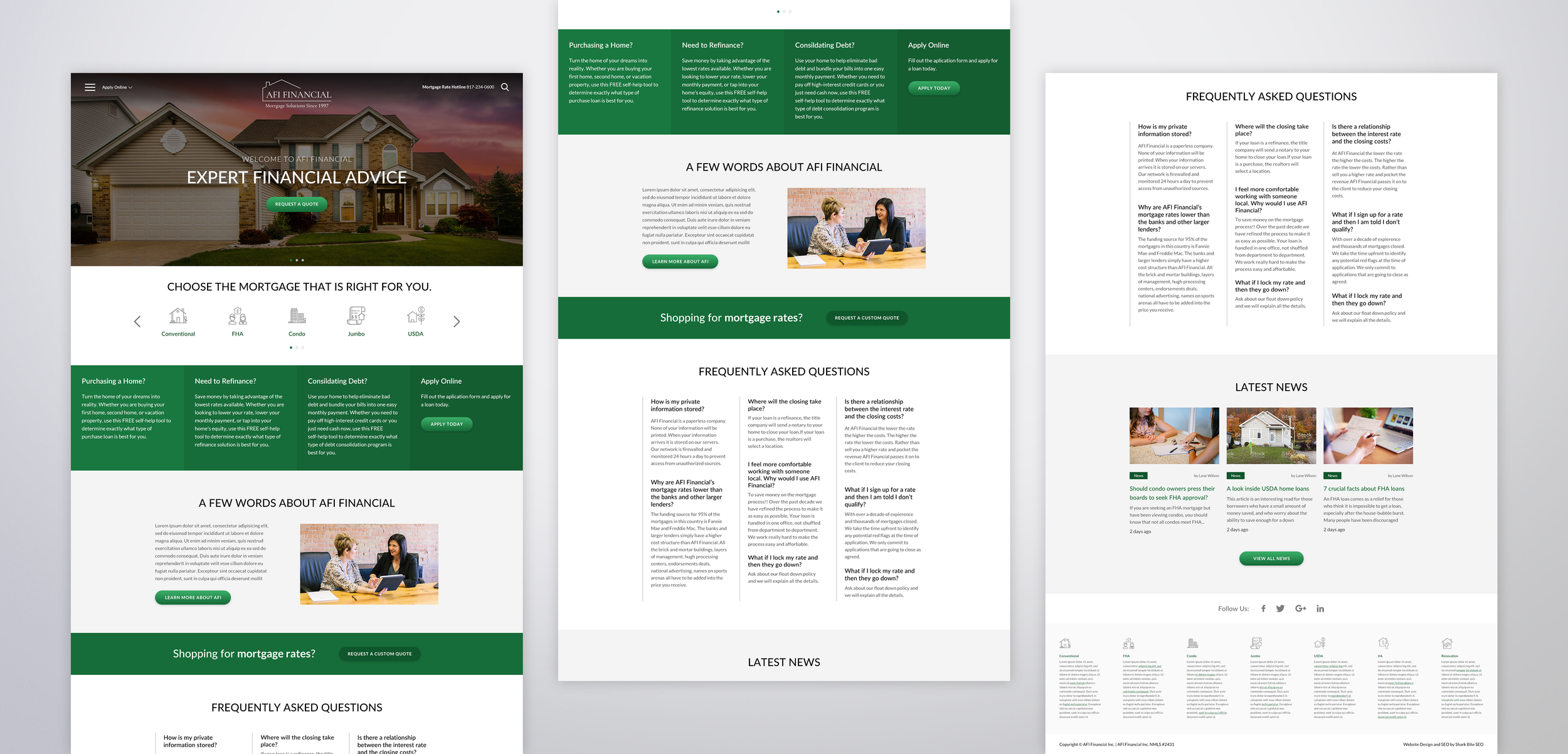Screenshots of a mortgage company's website homepage, displaying sections about mortgage options, refinancing, debt consolidation, FAQs, news updates, and contact links, with a background image of a house.