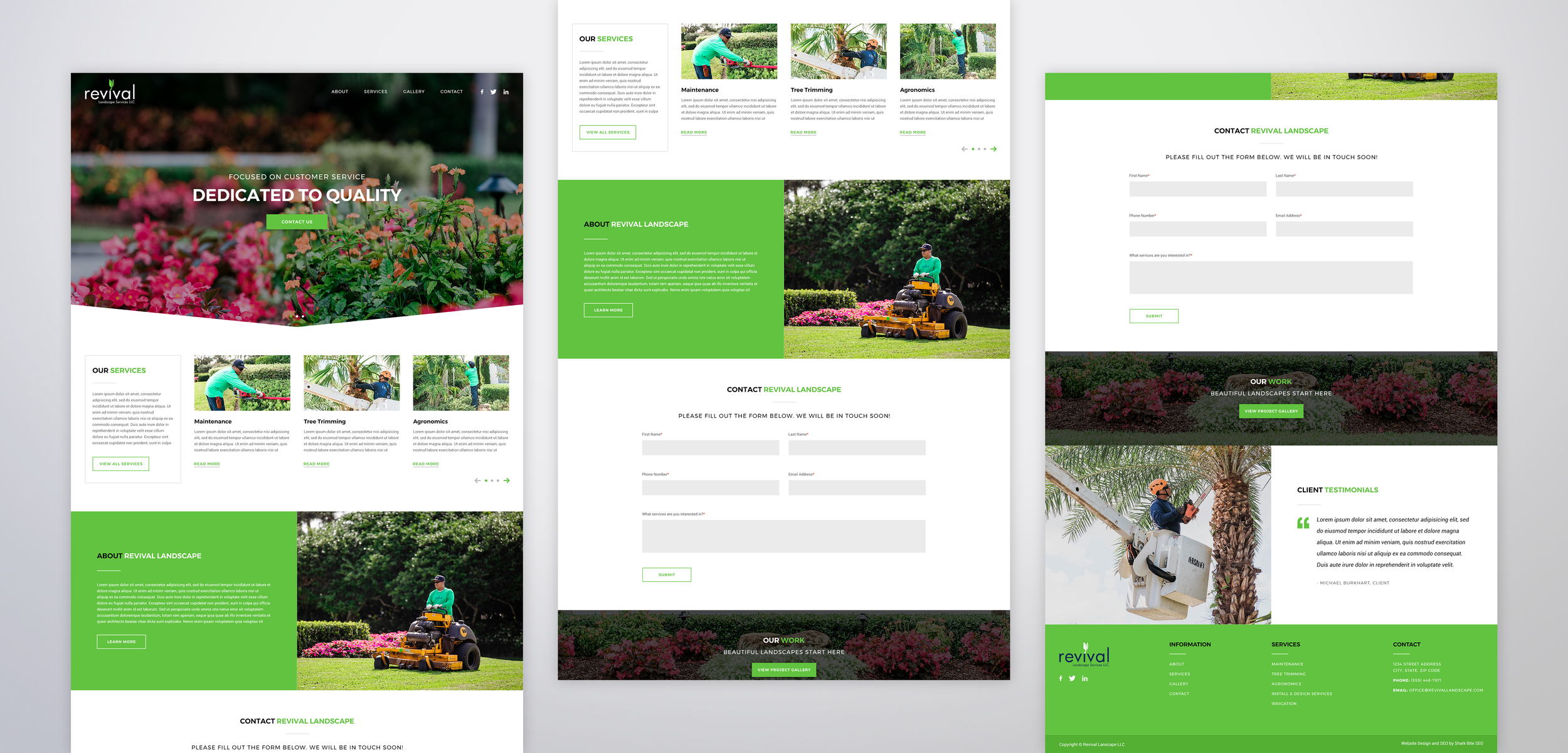 Screenshots of a landscaping service website with images of lawn maintenance, tree trimming, and agronomy, featuring a green and white color scheme, contact forms, and client testimonials.