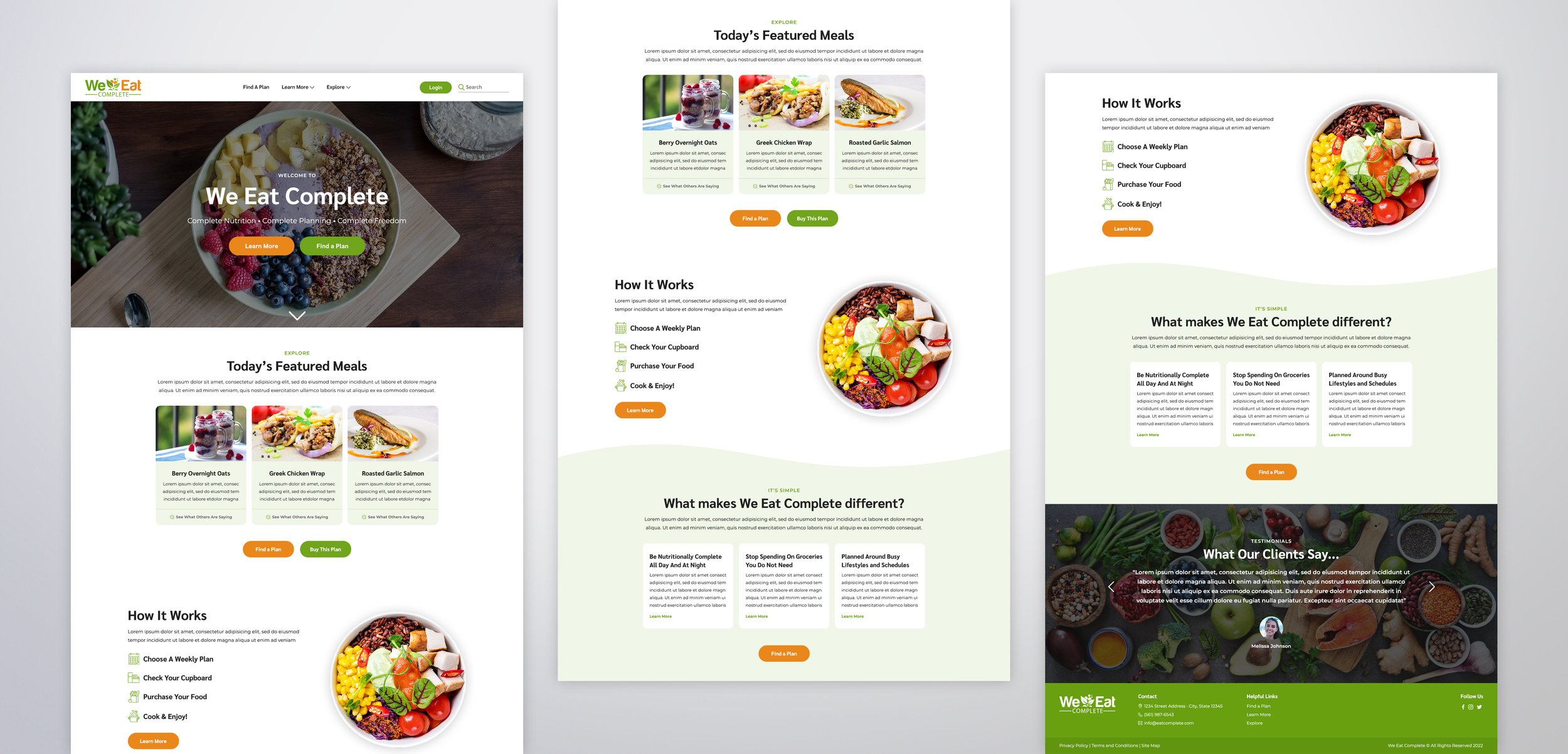 Screenshots of a website homepage and informational pages for a meal planning service called 'We Eat Complete,' featuring images of healthy meals, a weekly meal plan, and a client testimonial section.