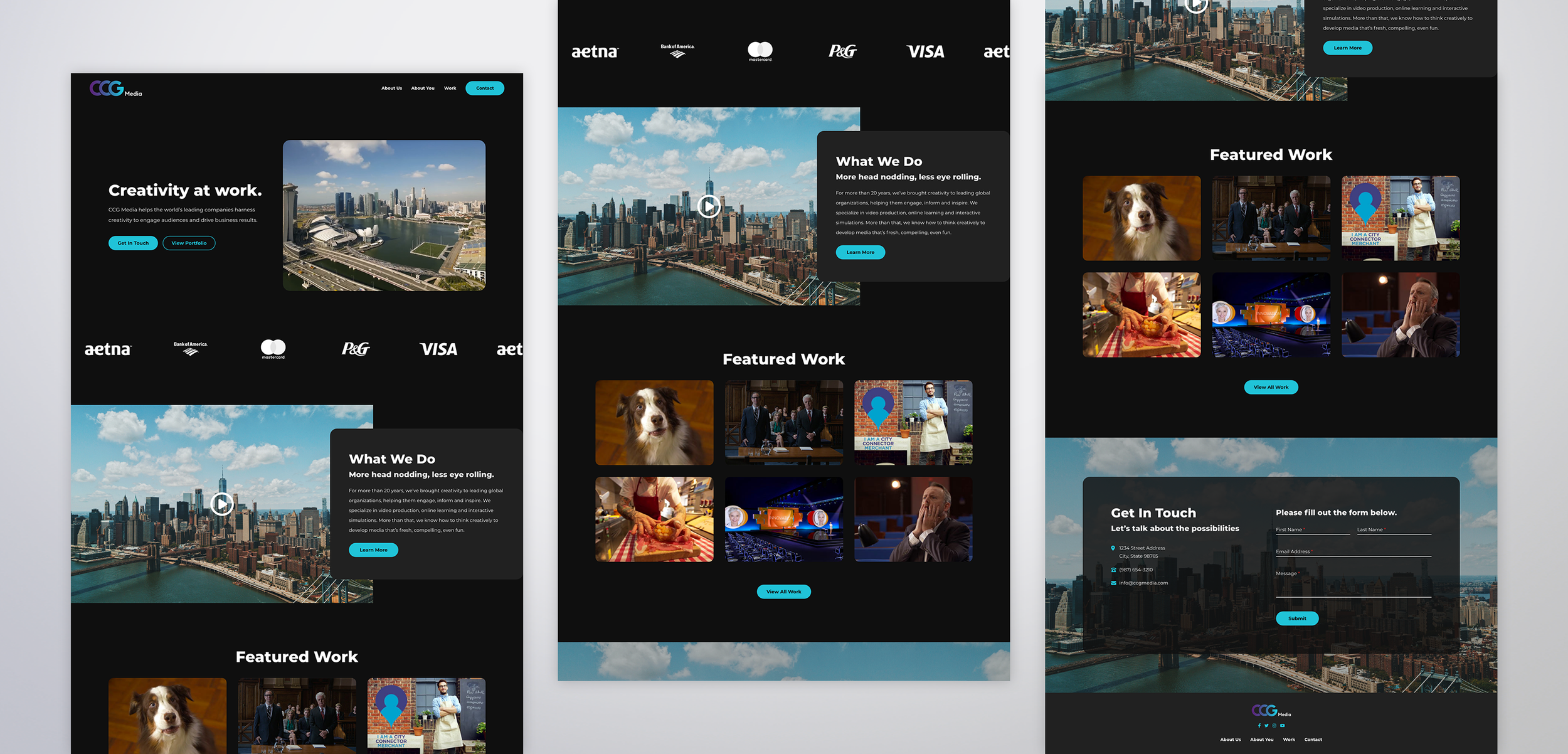 Screenshots of a website homepage for CCG Media, featuring sections titled 'Creativity at work,' 'What We Do,' and 'Featured Work.' The page displays cityscape images, company logos, and images of a dog, a person at a conference, a woman cooking, and a stage performance, with a contact form at the bottom.