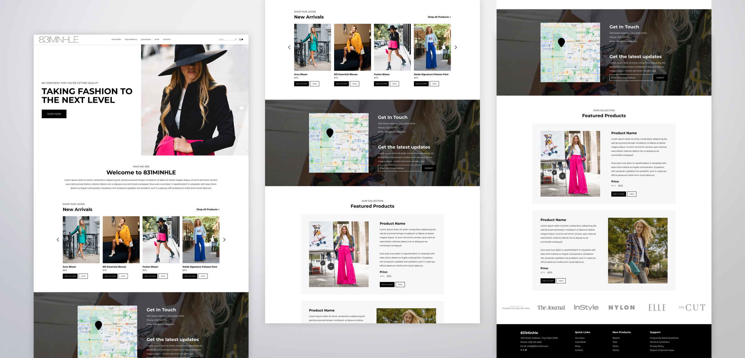 Screenshots of a fashion retail website featuring models and clothing items, a map with contact information, and sections for new arrivals and featured products.