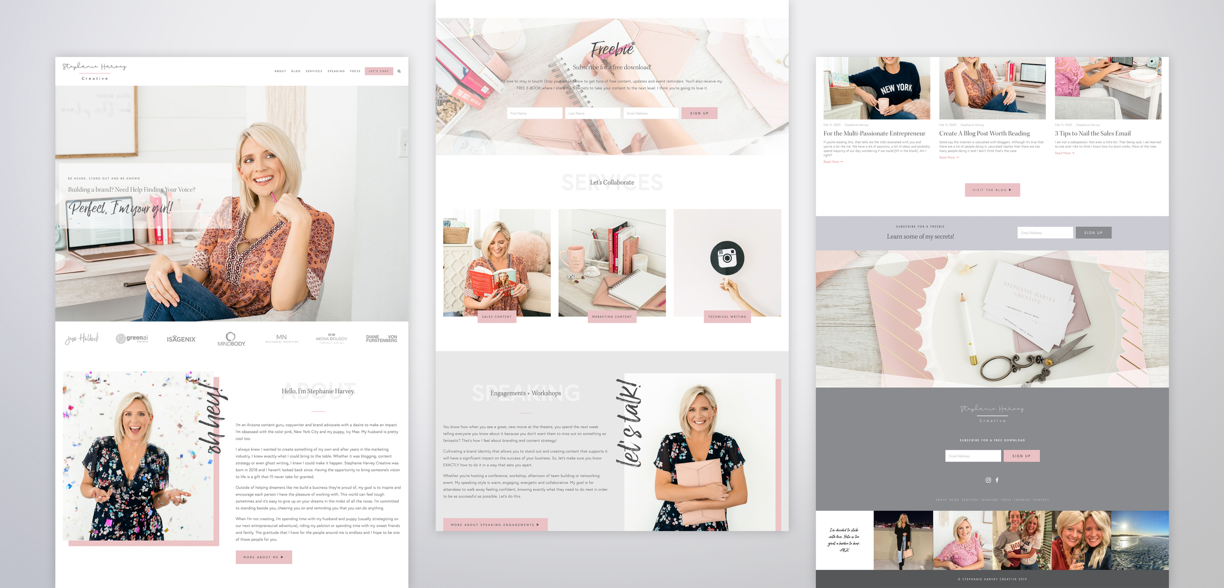 Collection of web page designs featuring photos of a blonde woman in various poses, with pink and white color themes, including images of writing supplies, a woman reading a book, and a cityscape at night.