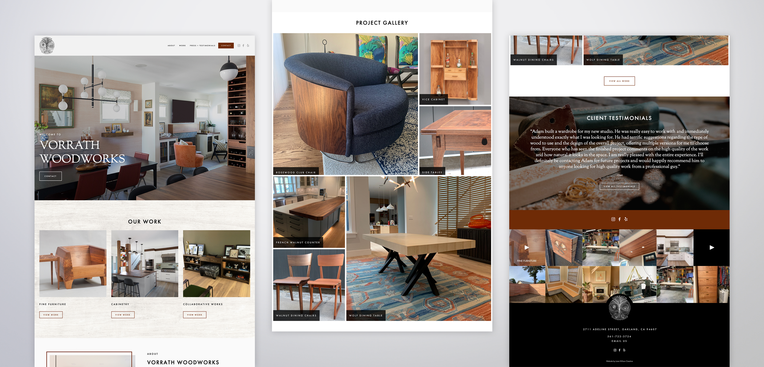 Three website design mockups showcasing woodwork projects, furniture, and client testimonials with images of chairs, tables, and interiors.